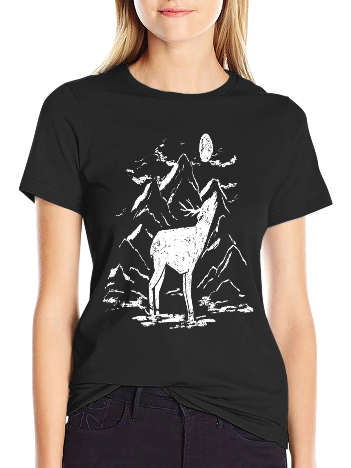 Black Men's Black Graphic Tee - Deer Howling at Moon Design view 2