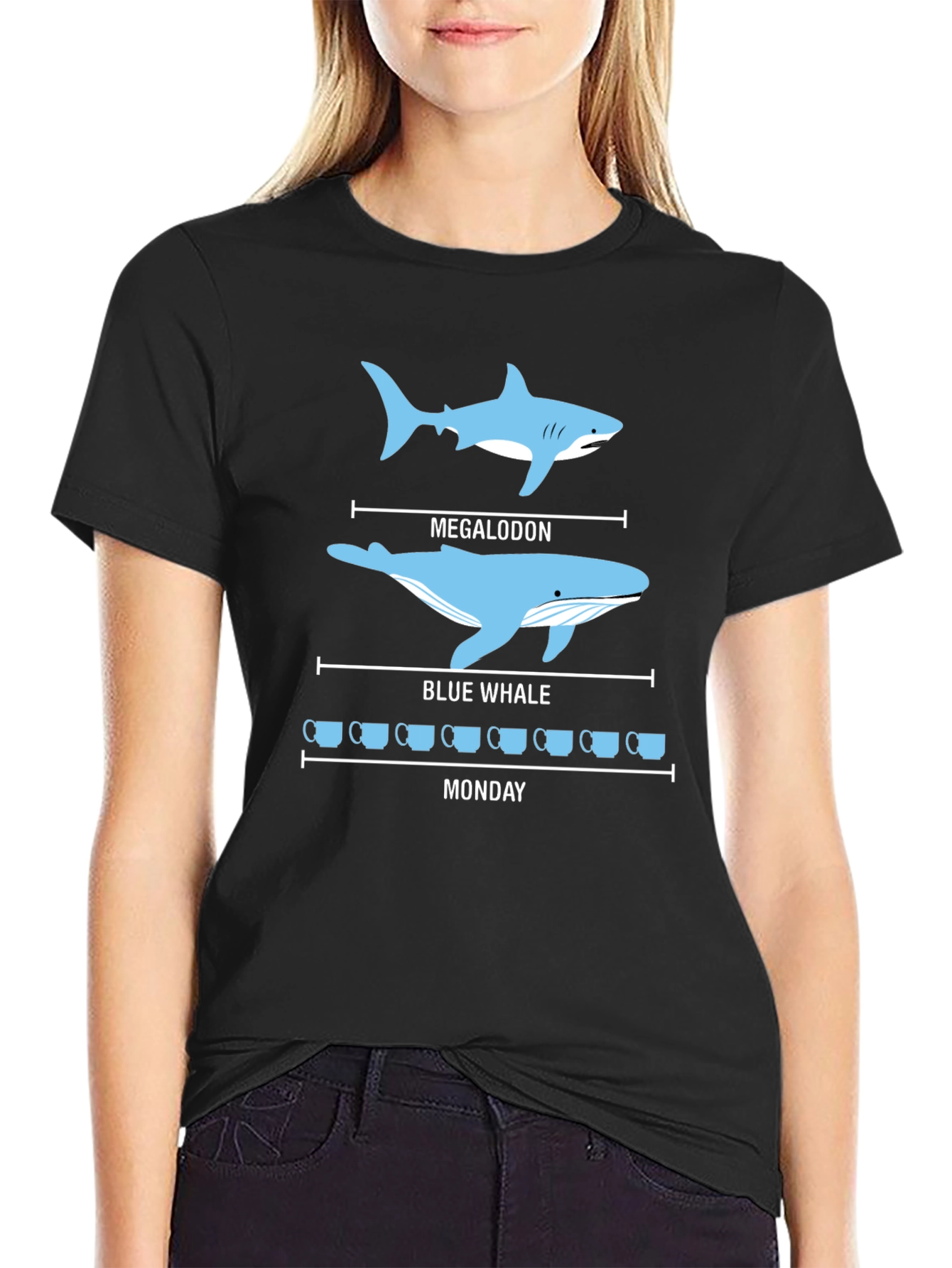Black Megalodon vs Blue Whale T-Shirt - Coffee Monday Funny Tee view 2