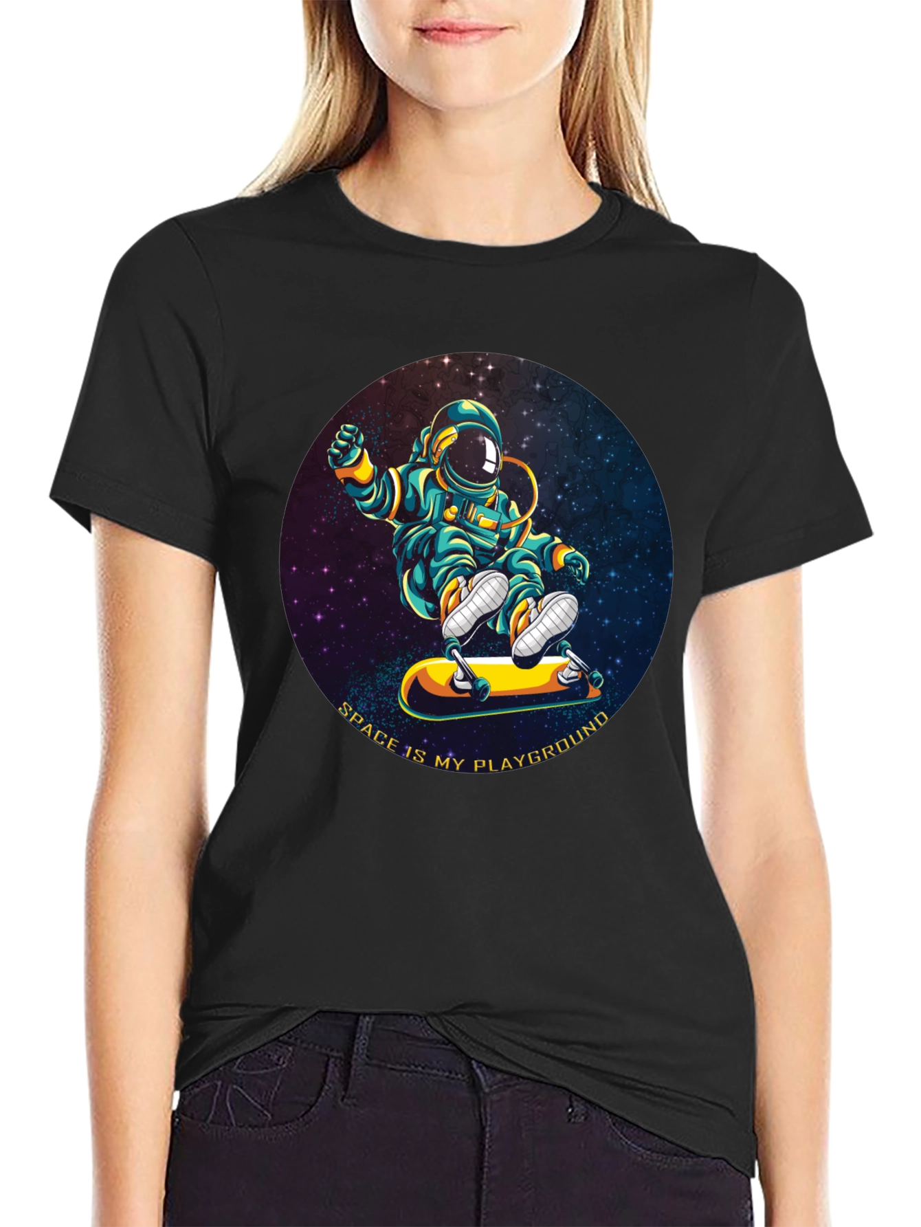 Black Astronaut Skateboarder T-Shirt - Space is My Playground view 2