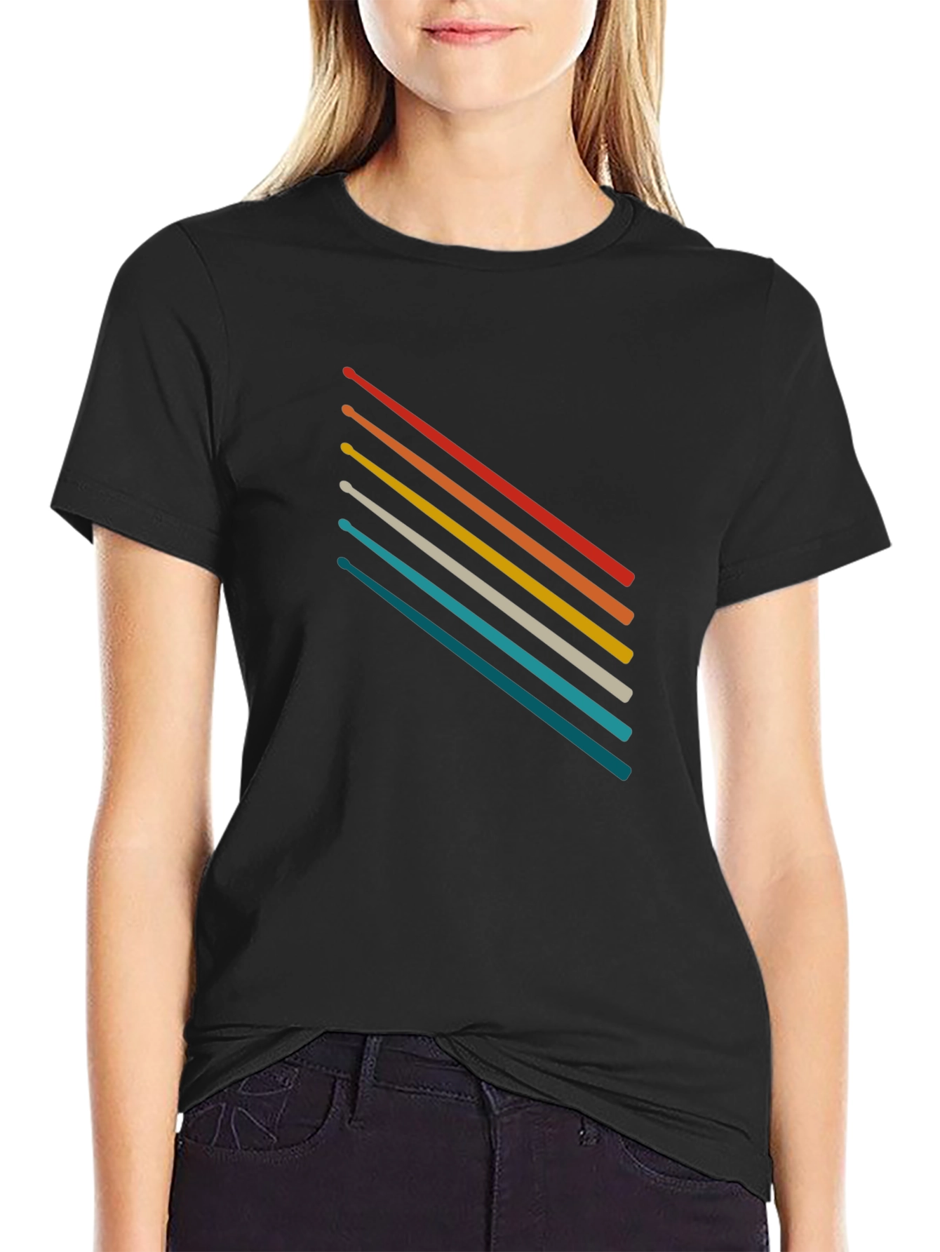 Black Retro Stripe Graphic Tee - Soft Cotton Blend T-Shirt view 2