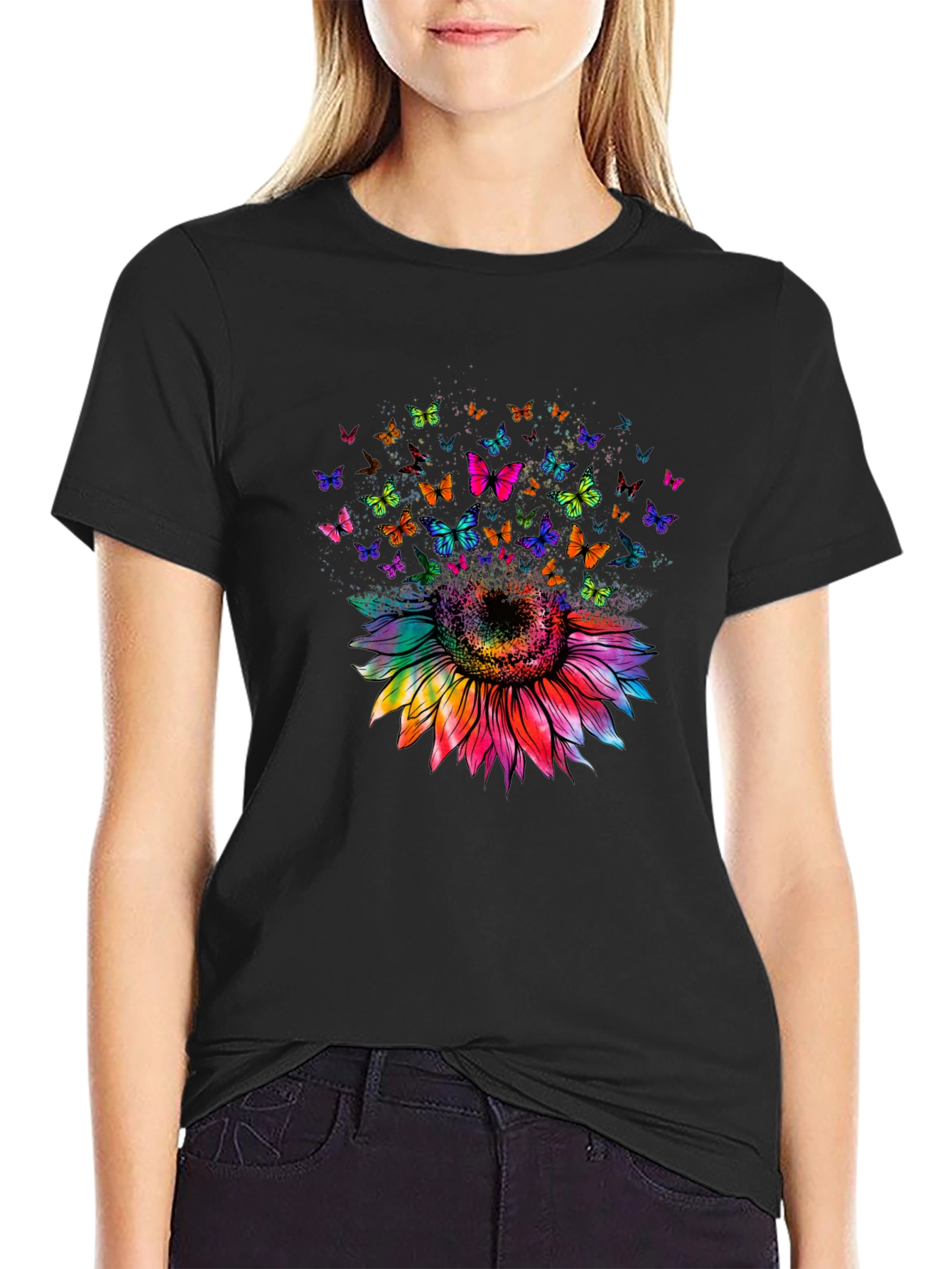 Black Sunflower Butterfly Graphic Tee - Black Cotton Blend view 2