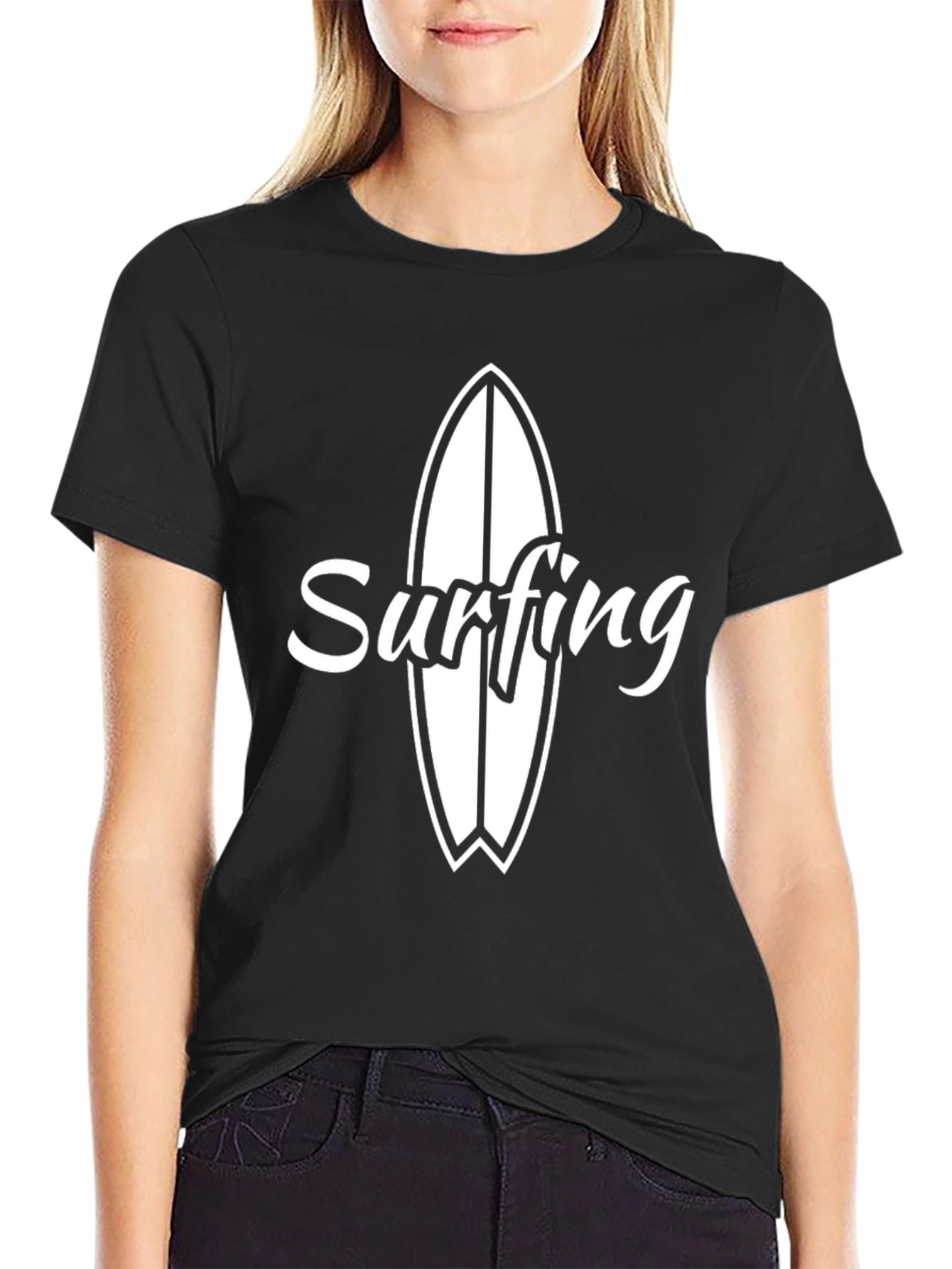 Black Surfing T-Shirt - Black Cotton Surfboard Tee view 2