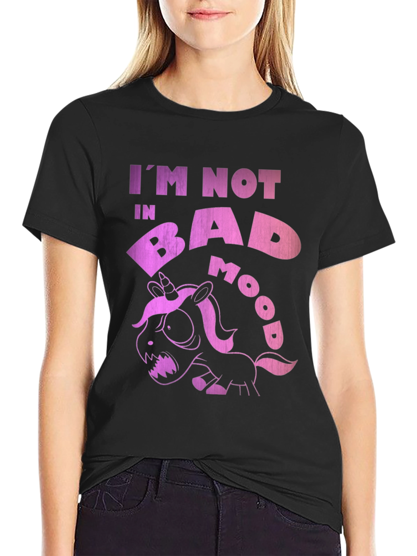 Black Funny Grumpy Unicorn Black T-Shirt - I'm Not in Bad Mood! view 2