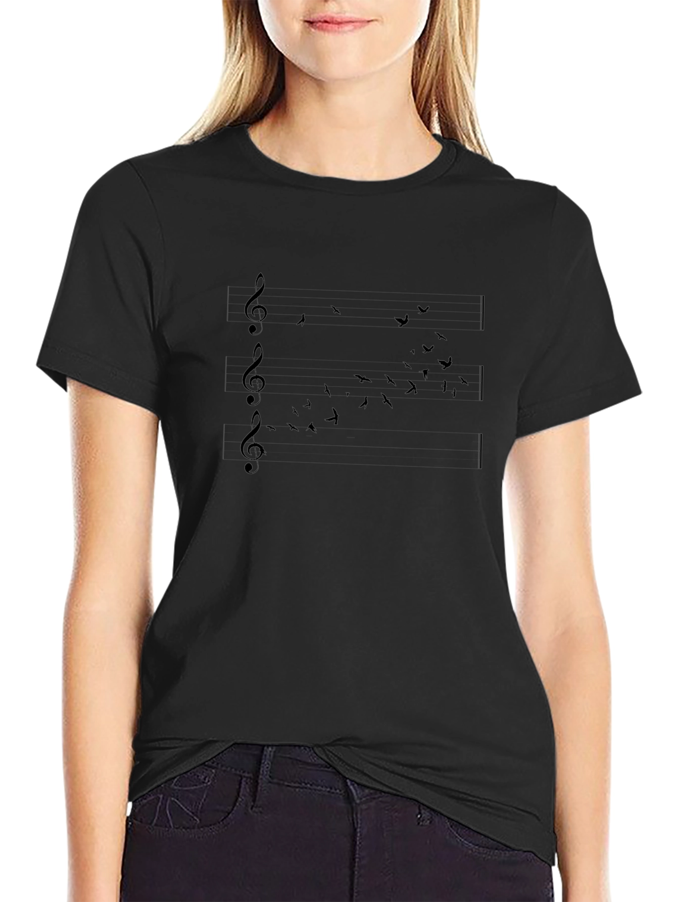 Black Music Notes & Birds Black T-Shirt view 2
