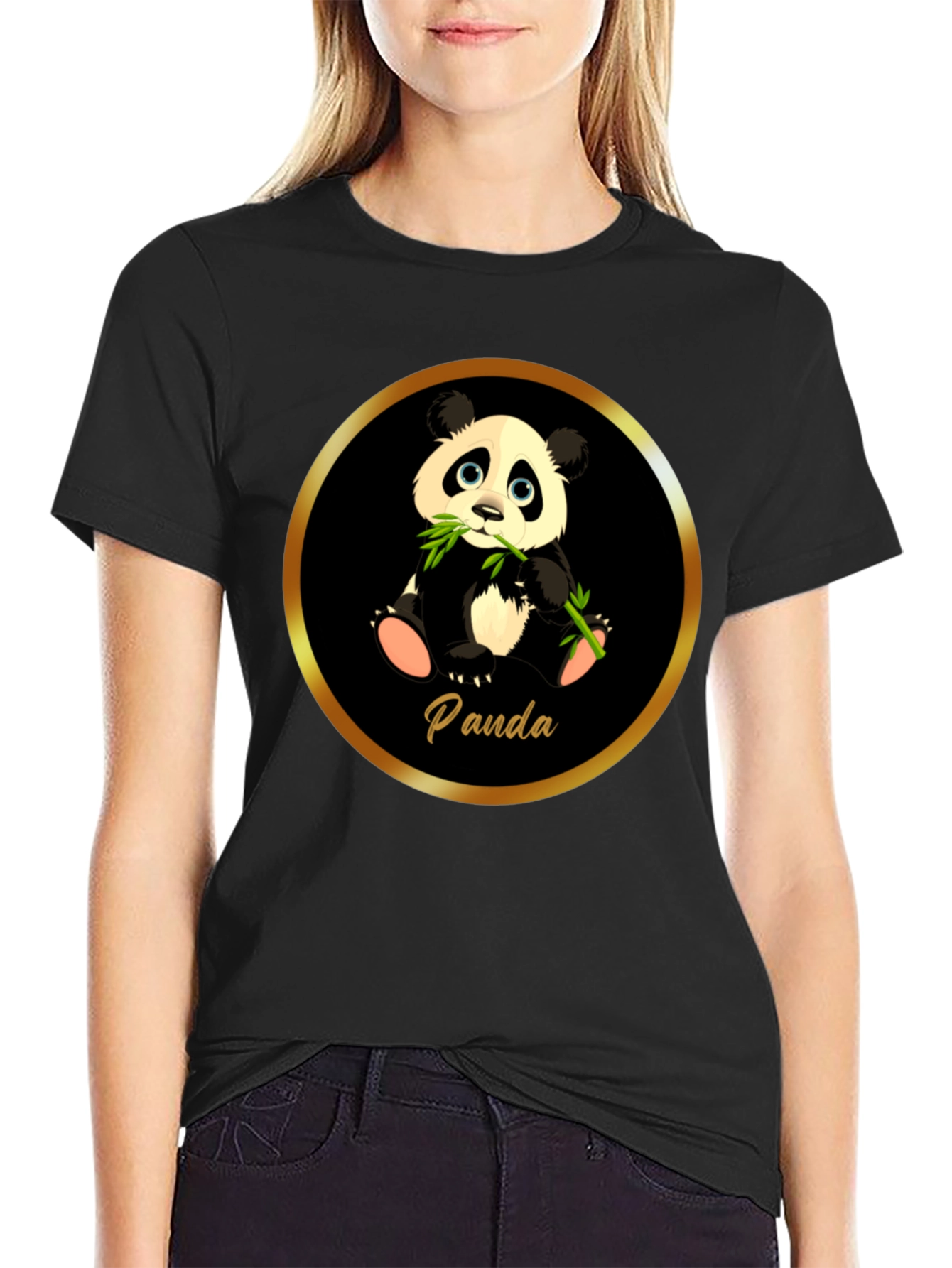 Black Cute Panda T-Shirt - Black Cotton Tee view 2