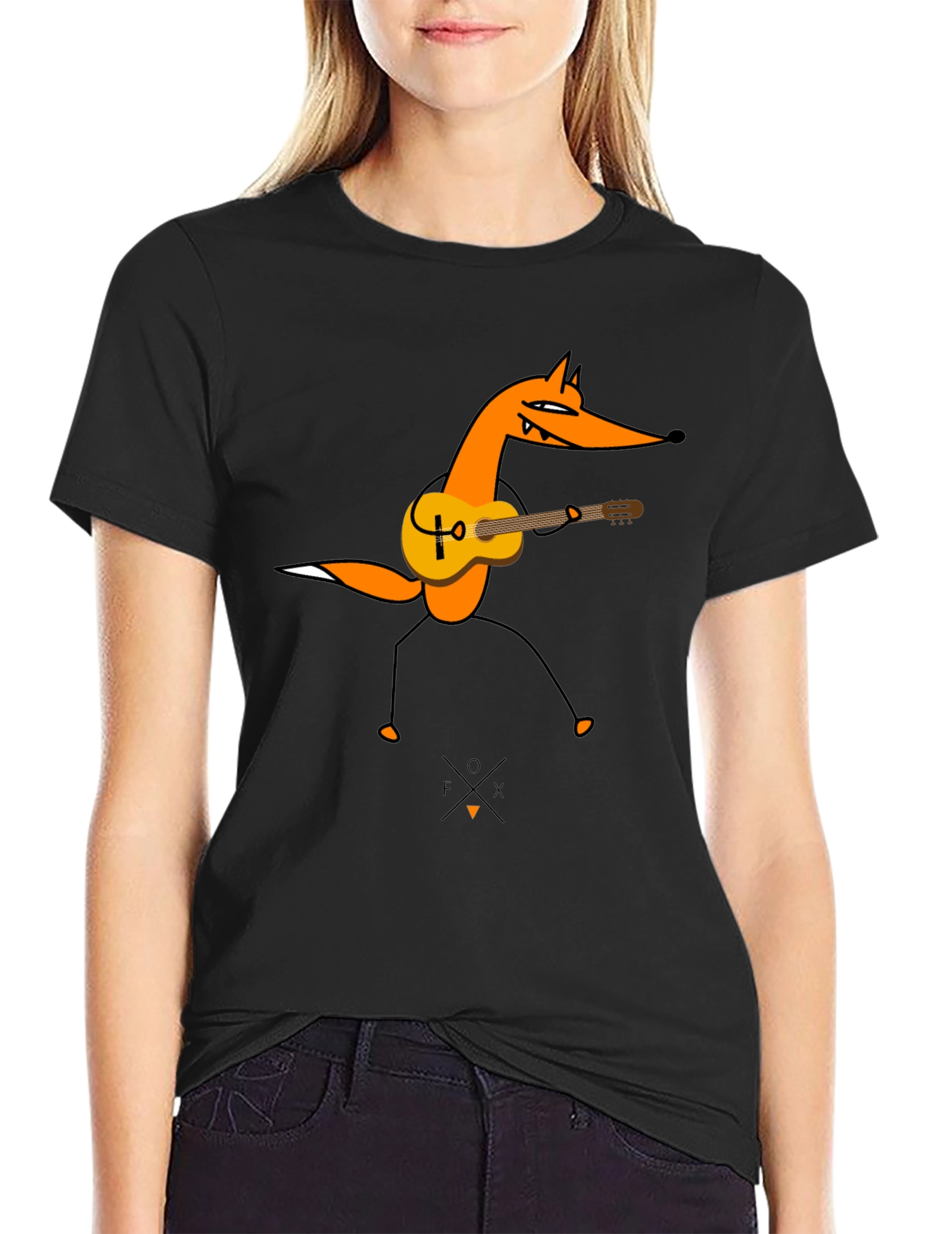 Black Guitar Fox Graphic Tee - Black Cotton T-Shirt view 2