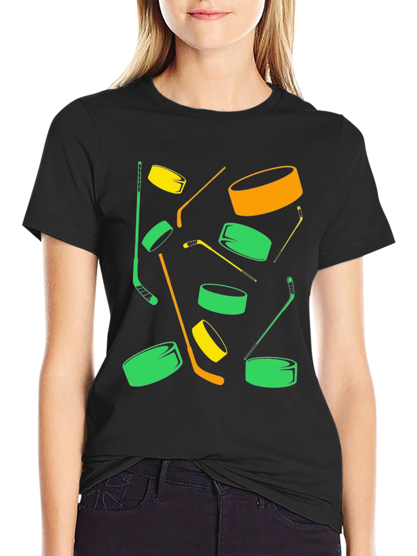 Black Hockey Puck & Stick Graphic Tee - Cool Sportswear view 2