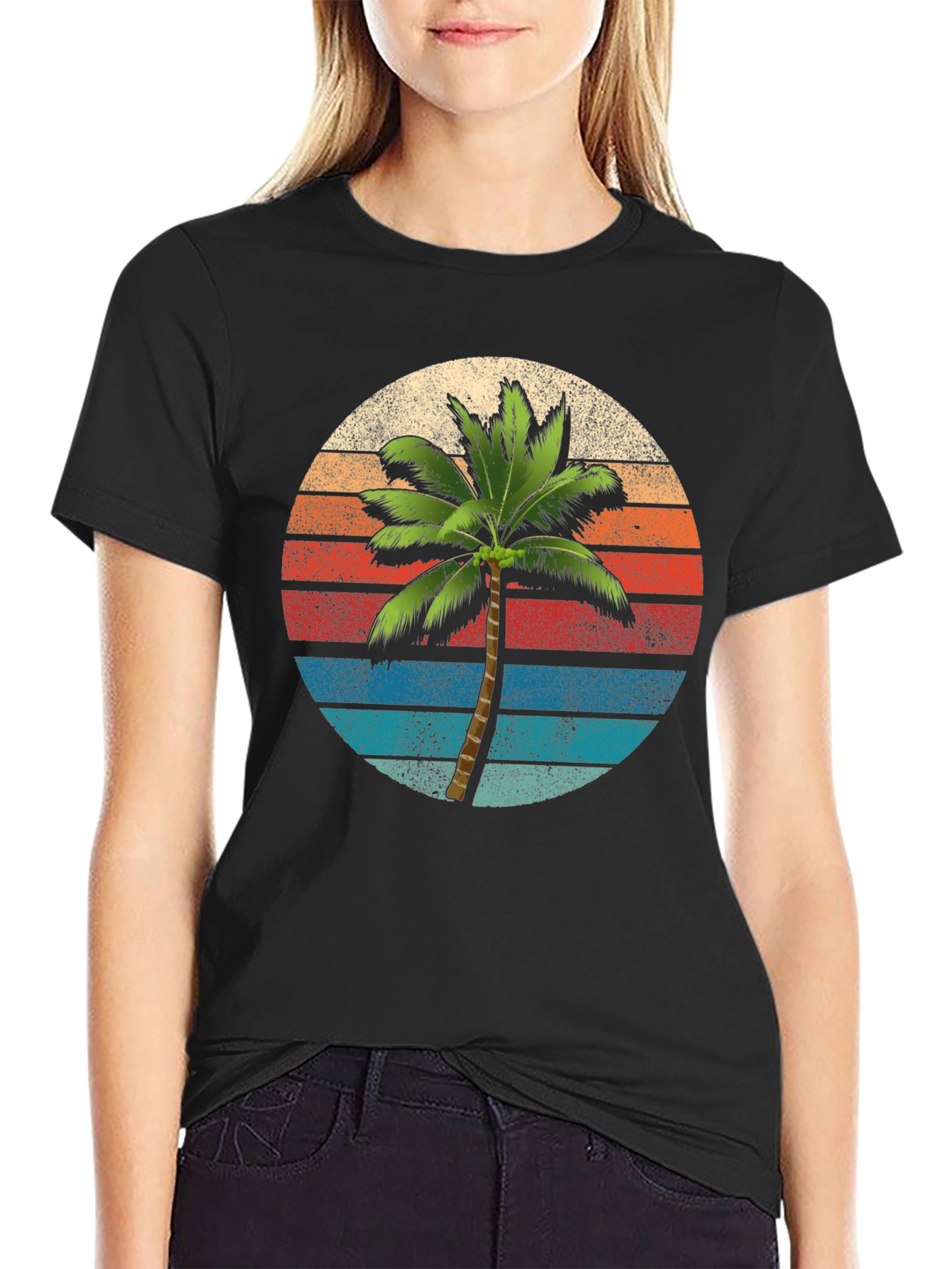 Black Retro Palm Tree Sunset T-Shirt view 2