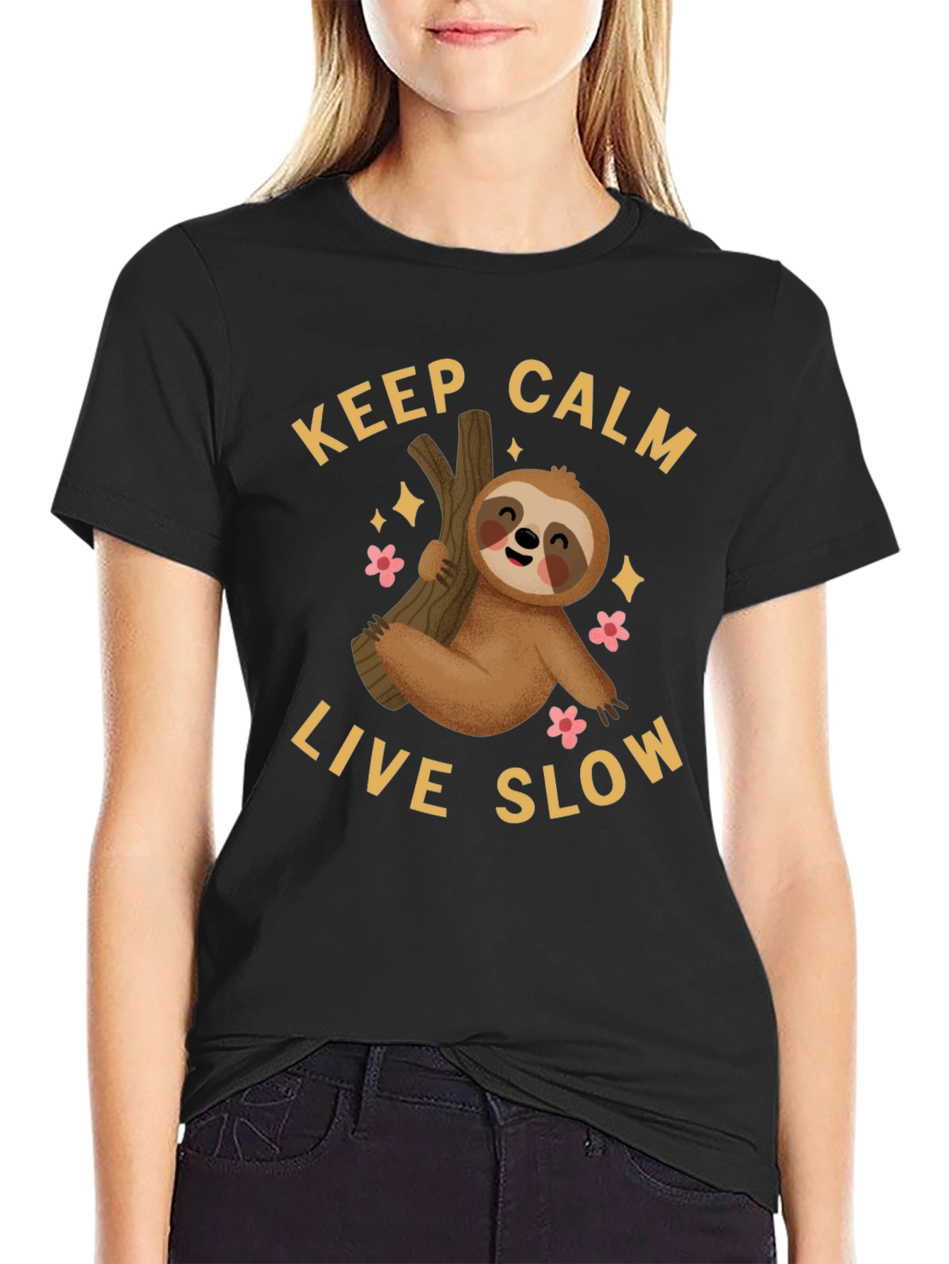Black Keep Calm Live Slow Sloth Graphic Tee view 2