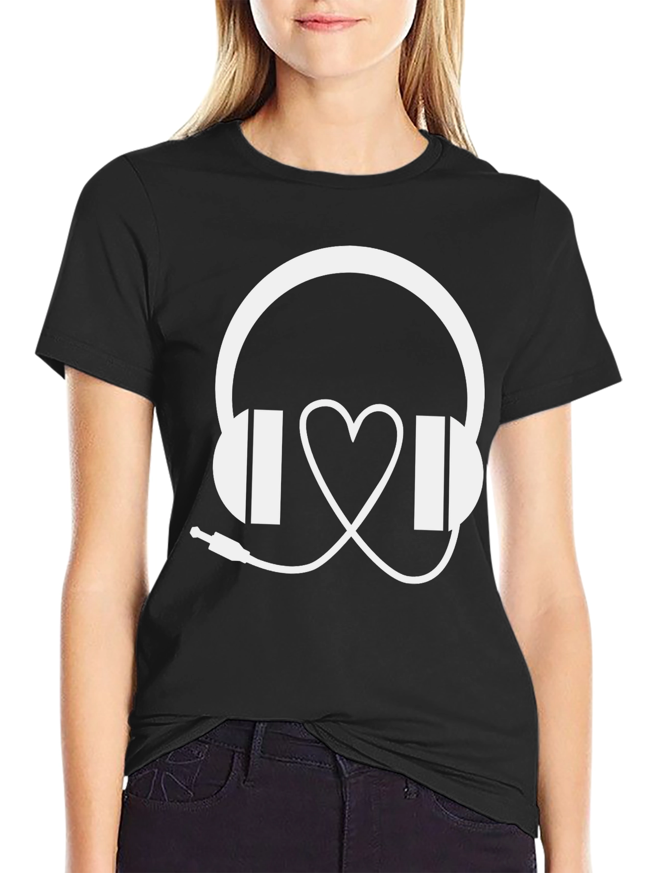 Black Music Lover T-Shirt: Headphones & Heartbeat Design view 2