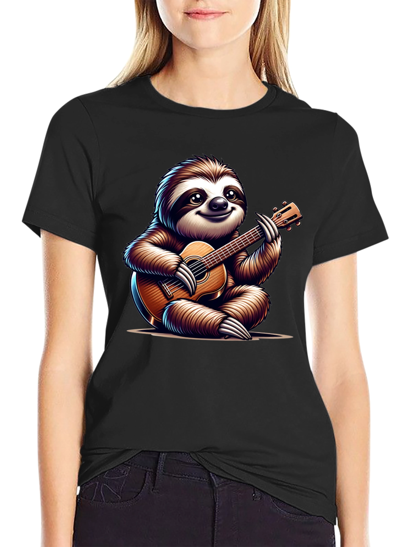 Black Sloth Guitar T-Shirt - Cute Musical Tee view 2