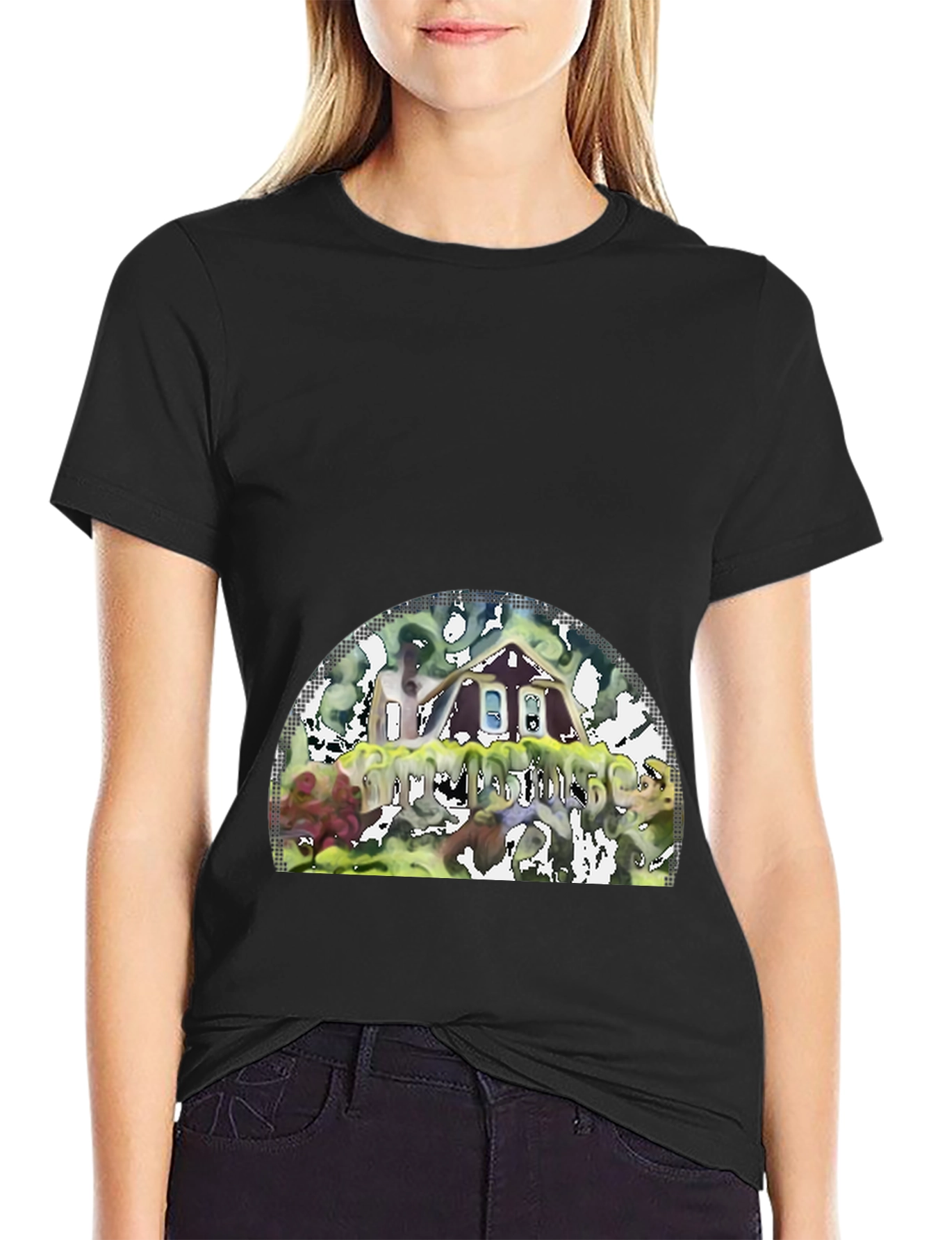 Black Unique Graphic T-Shirt - Abstract House Design view 2