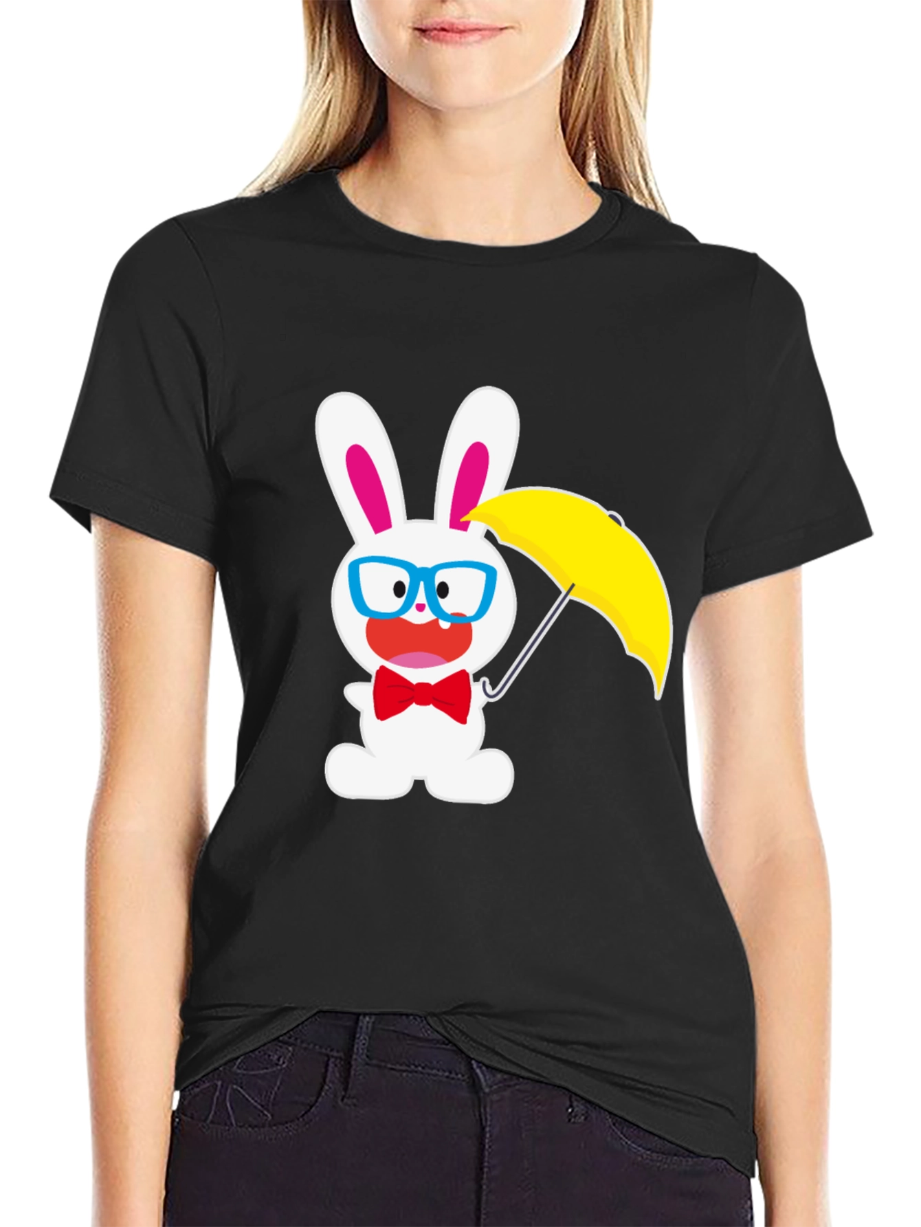 Black Funny Bunny T-Shirt: White Rabbit with Glasses & Umbrella view 2