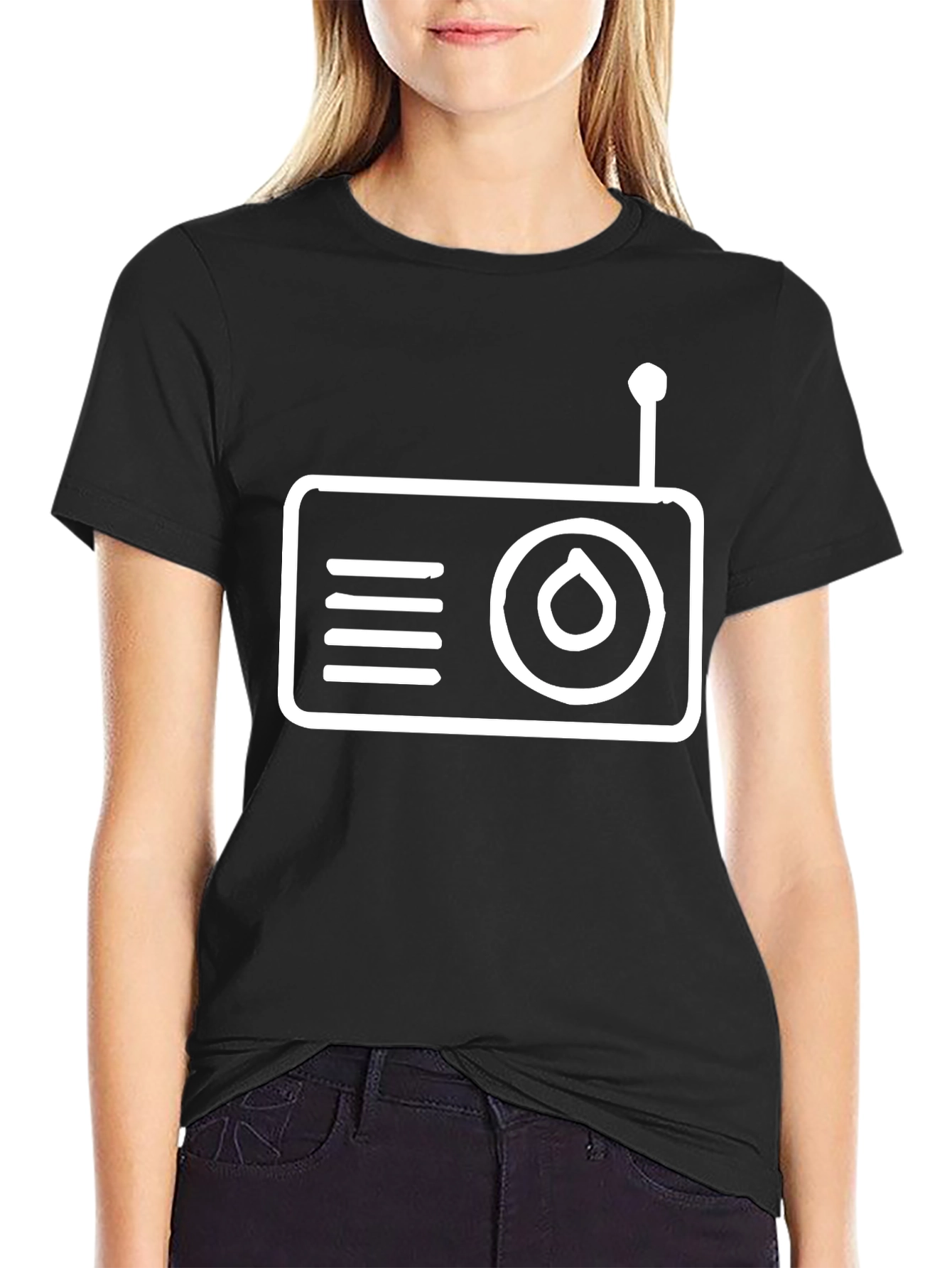 Black Retro Radio Graphic Tee - Black Cotton T-Shirt view 2