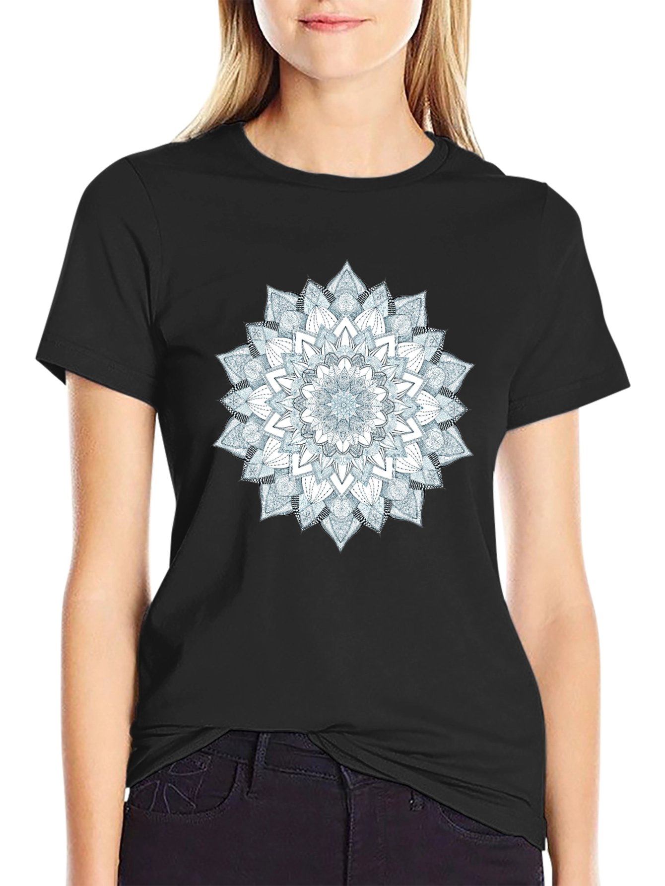 Black Mandala Print Black Crew Neck T-Shirt view 2