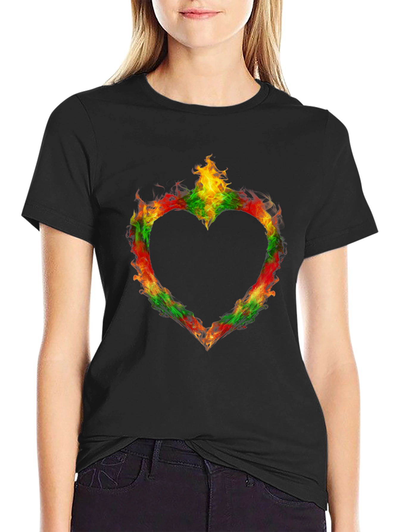 Black Fiery Heart Graphic Black T-Shirt view 2