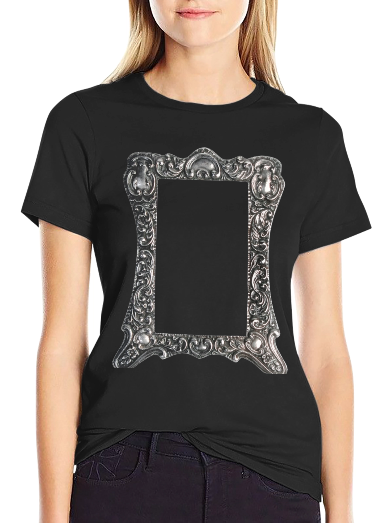 Ornate Silver Frame Graphic Black T-Shirt - 2