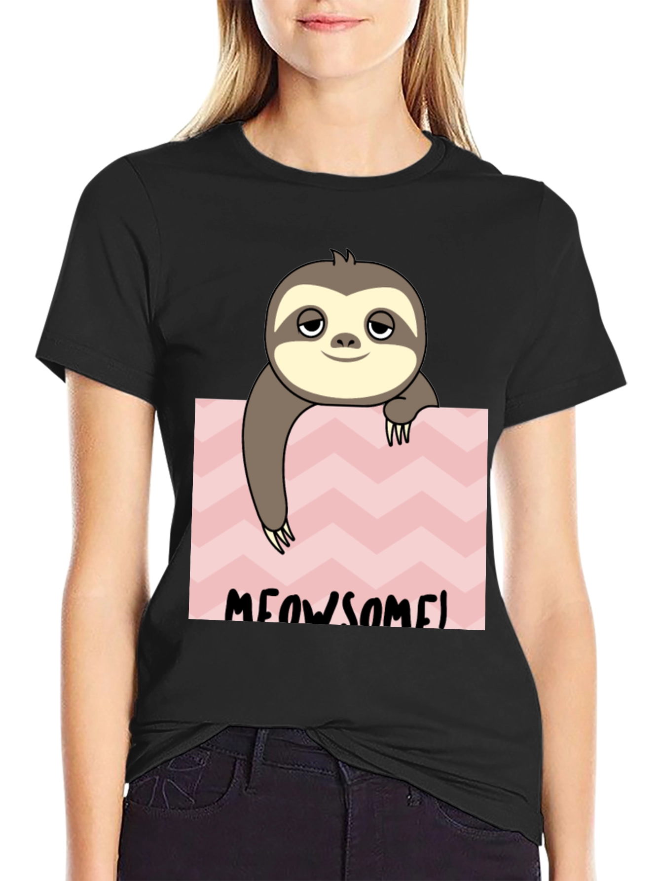 Black Meowsome Sloth Graphic Tee - Black Cotton Blend view 2