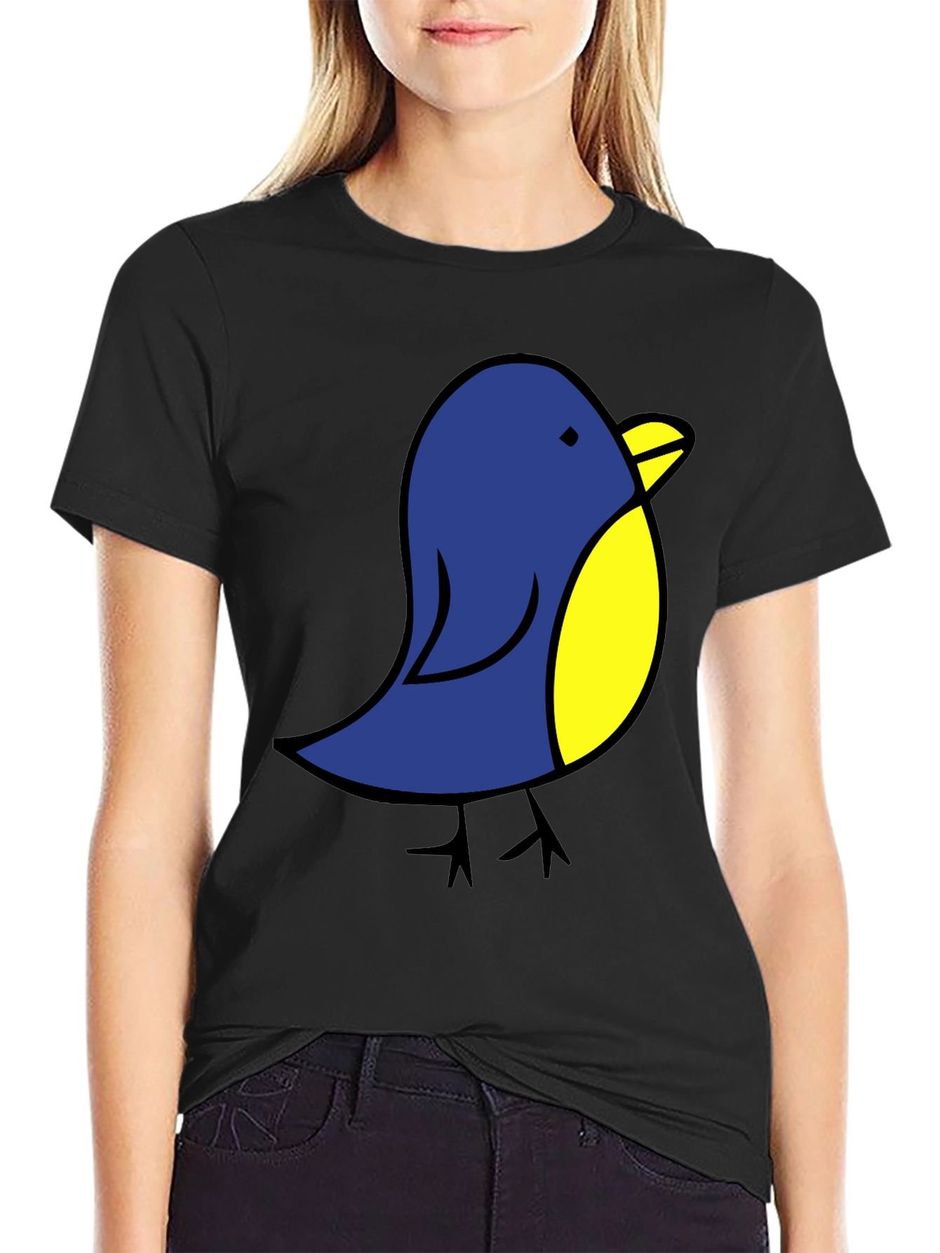 Black Cute Blue Bird Graphic Tee - Black Cotton T-Shirt view 2