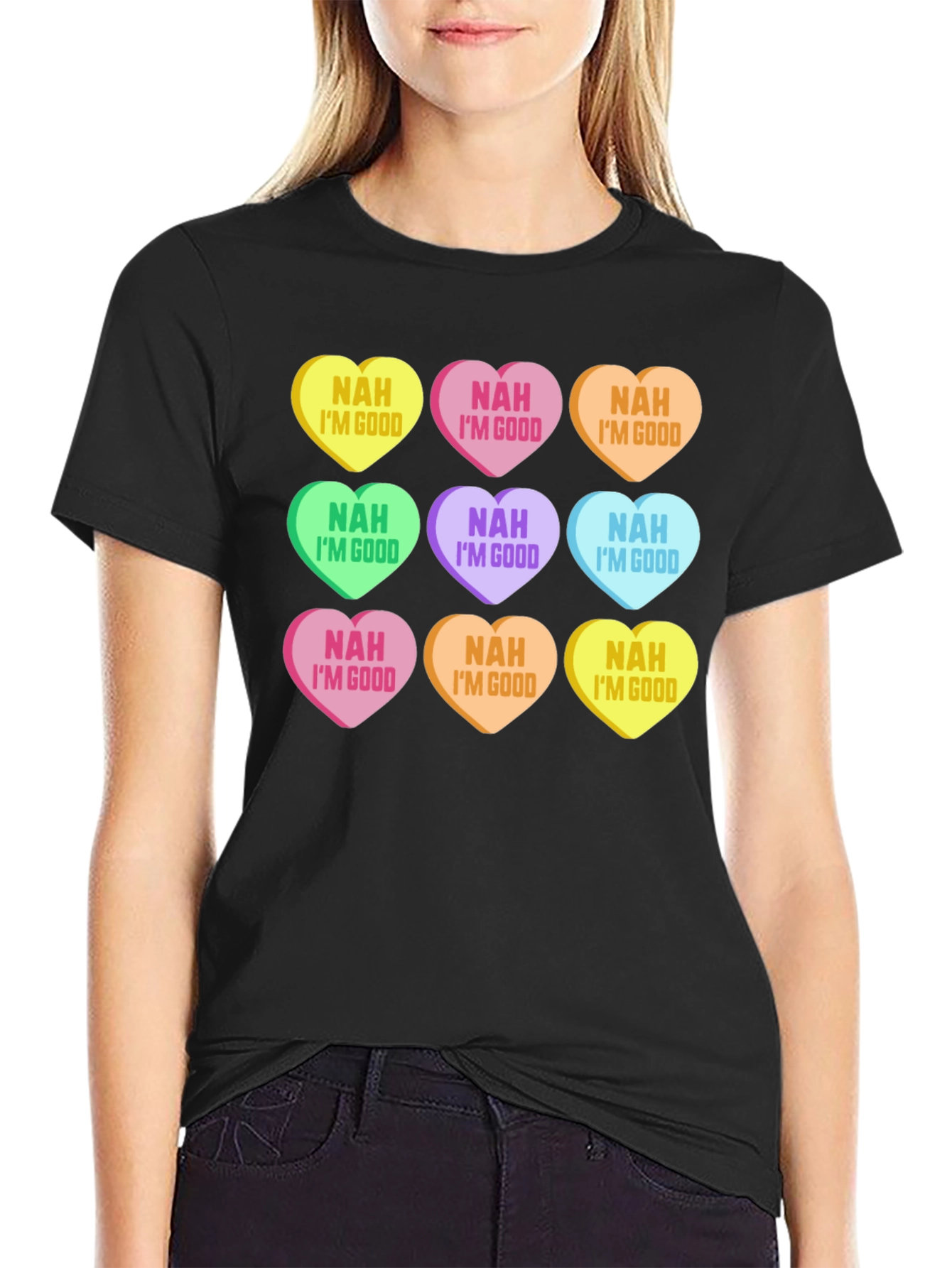 Black Novelty Valentine's Day Candy Heart Graphic T-Shirt view 2