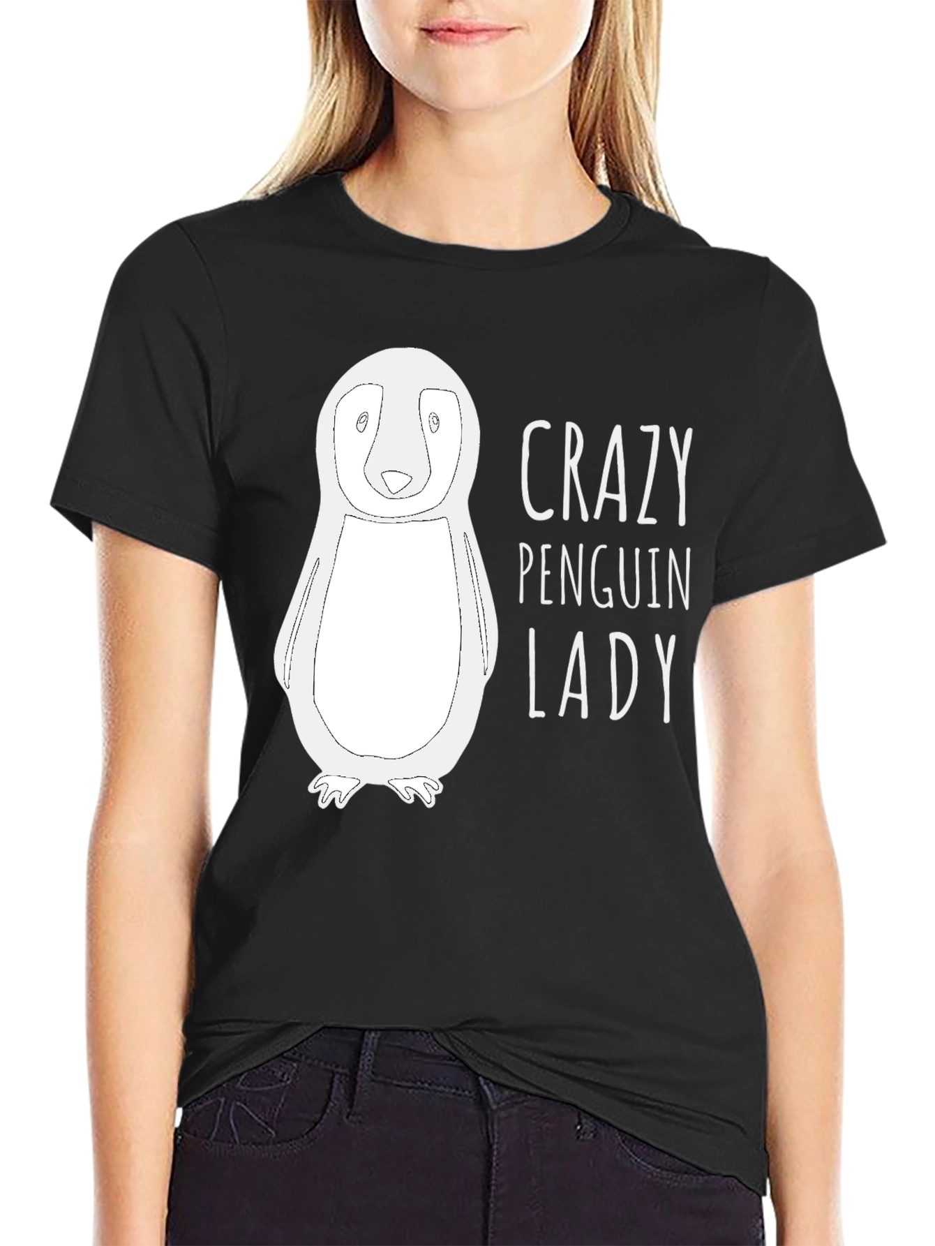 Black Crazy Penguin Lady T-Shirt - Funny Animal Lover Tee view 2