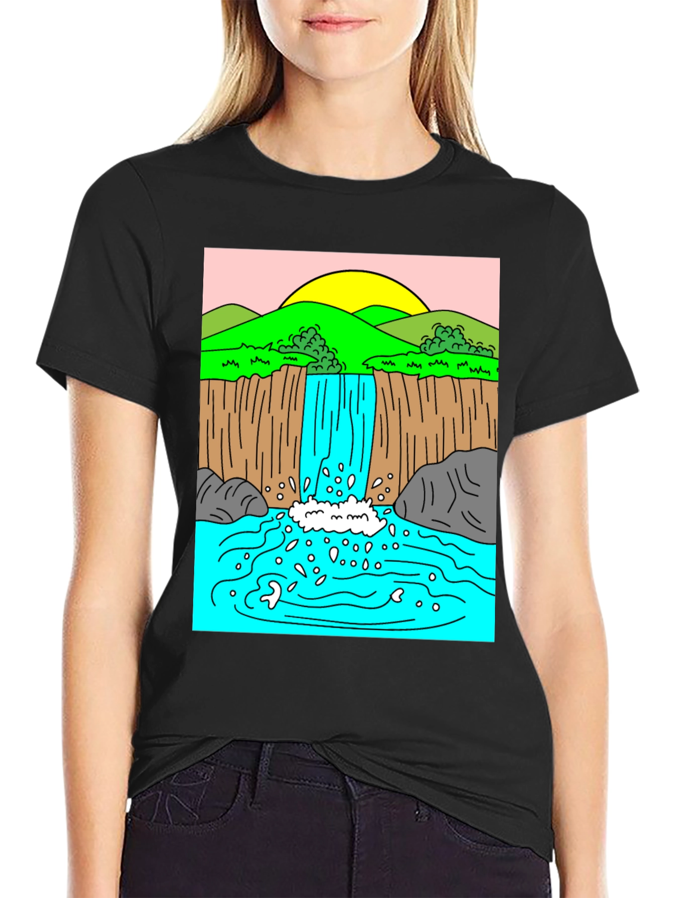 Black Waterfall Graphic Tee - Black Cotton Blend Casual T-Shirt view 2