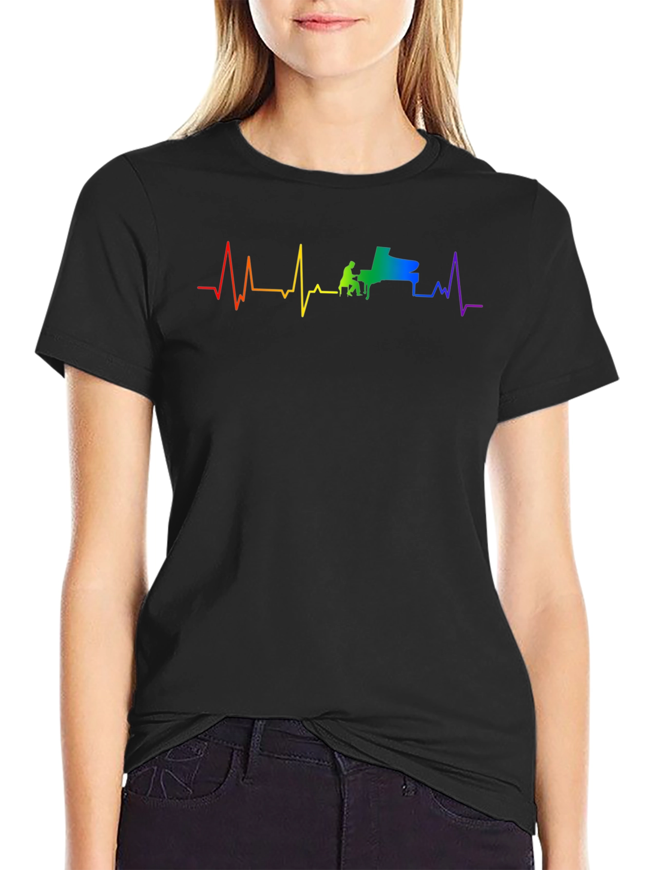 Black Piano Heartbeat Rainbow Graphic Tee - Black view 2