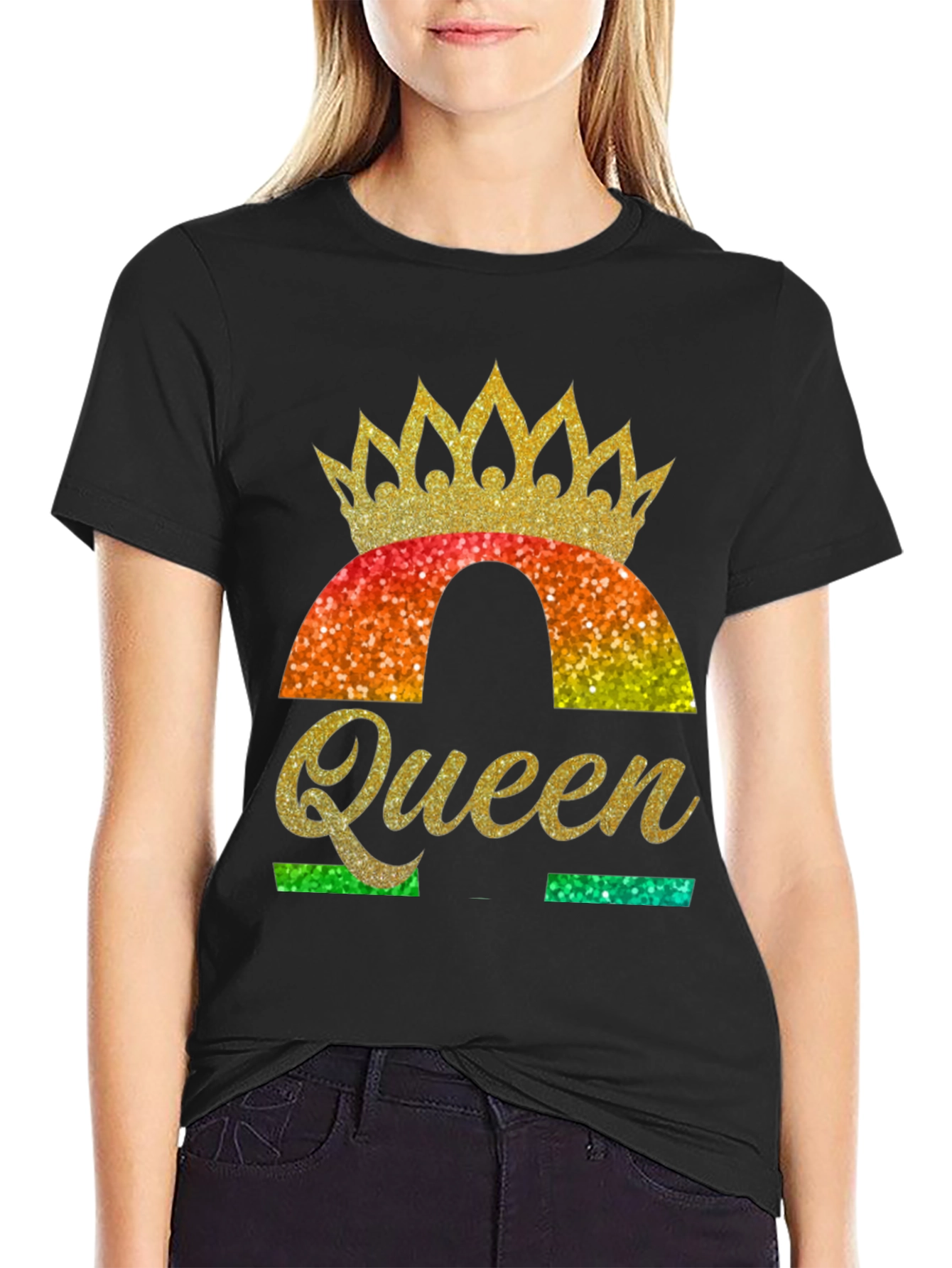 Black Queen Rainbow Glitter Graphic T-Shirt view 2