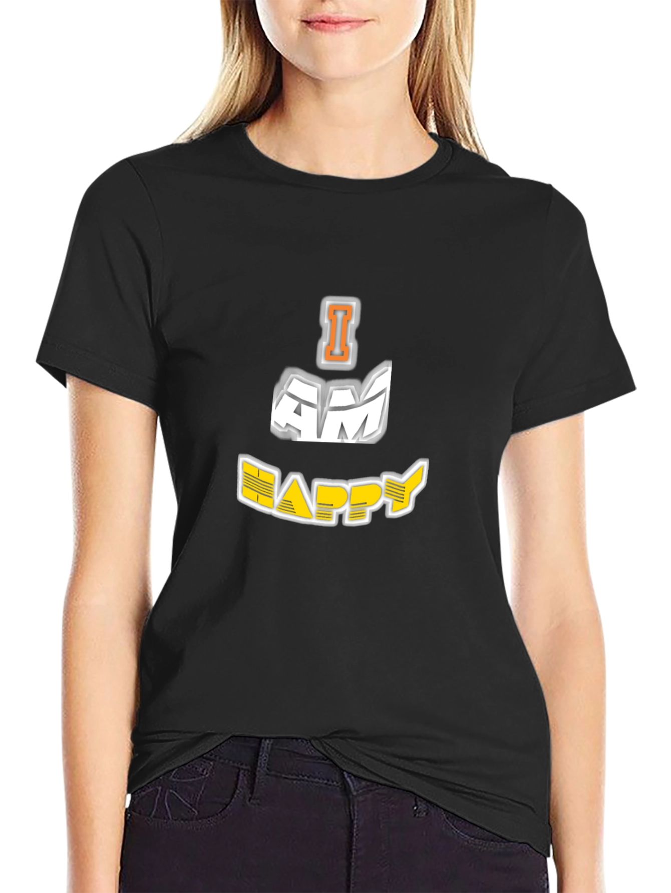 Black I AM HAPPY Graphic Black T-Shirt view 2