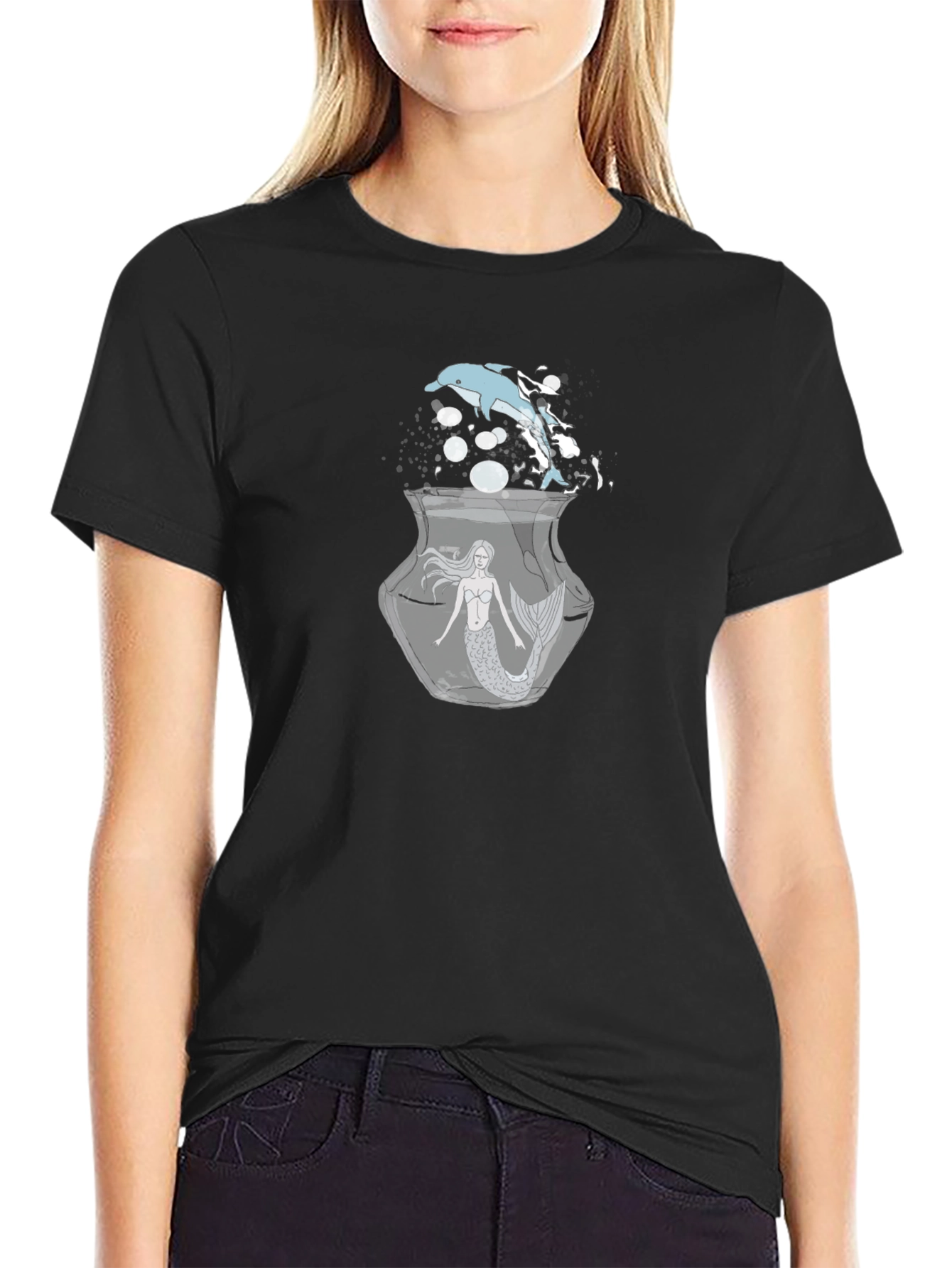 Black Mermaid & Dolphin Graphic Black T-Shirt view 2