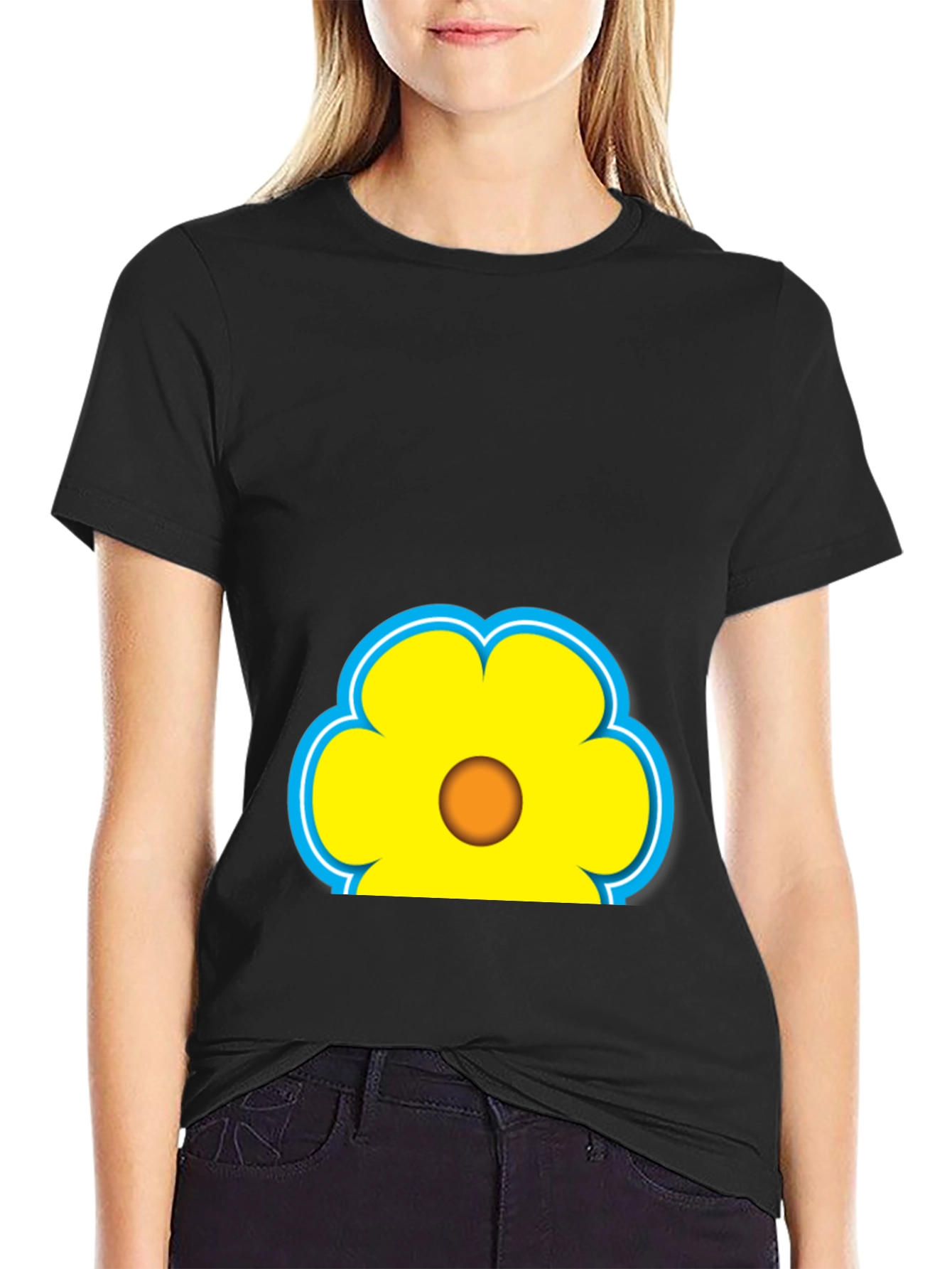 Black Fun Flower Graphic Tee - Black Cotton Blend Casual Shirt view 2