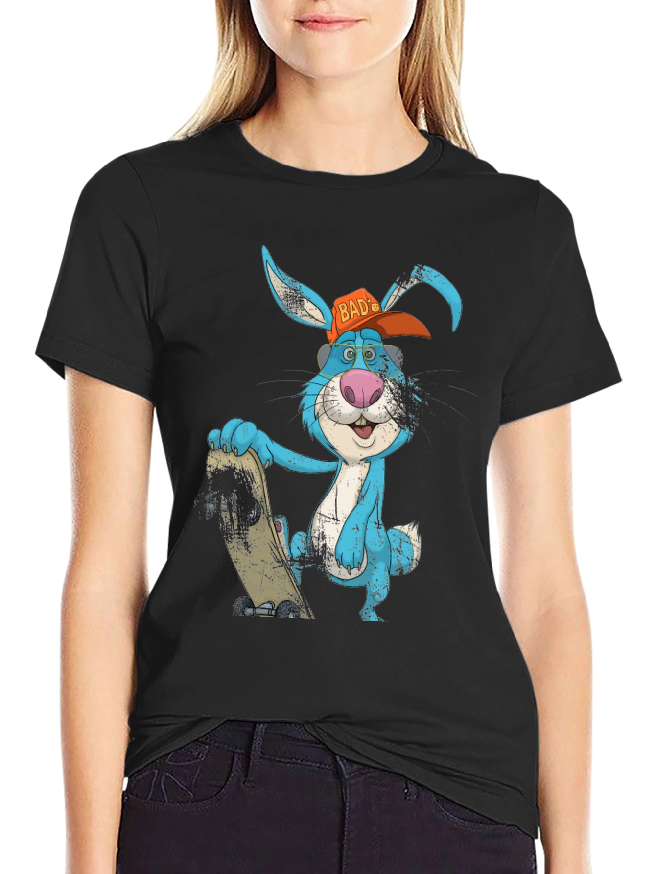 Black Skater Bunny Graphic Tee - Cool Cartoon Style view 2