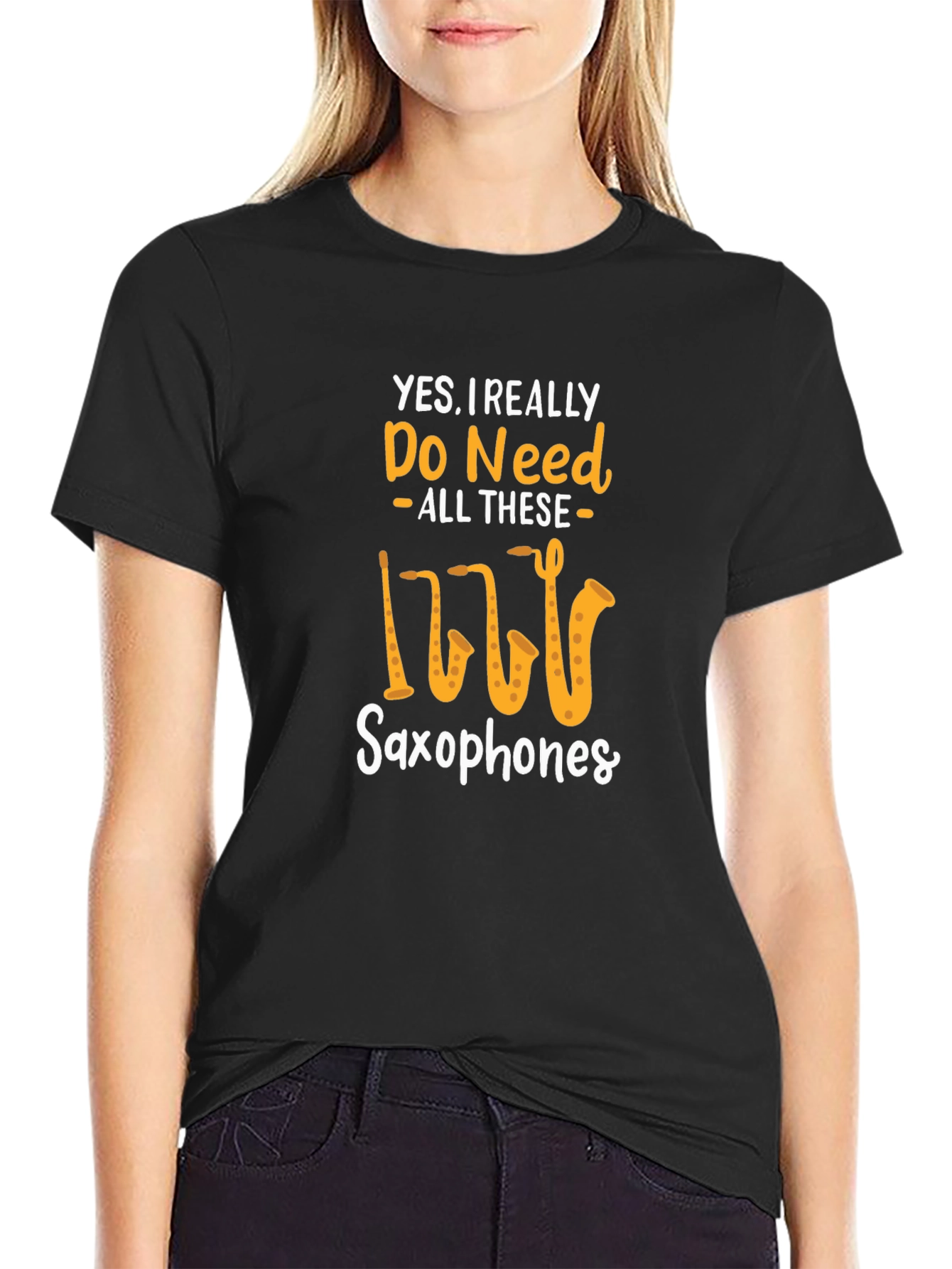 Black Saxophone Lover T-Shirt: Yes, I Need All These Saxophones! view 2