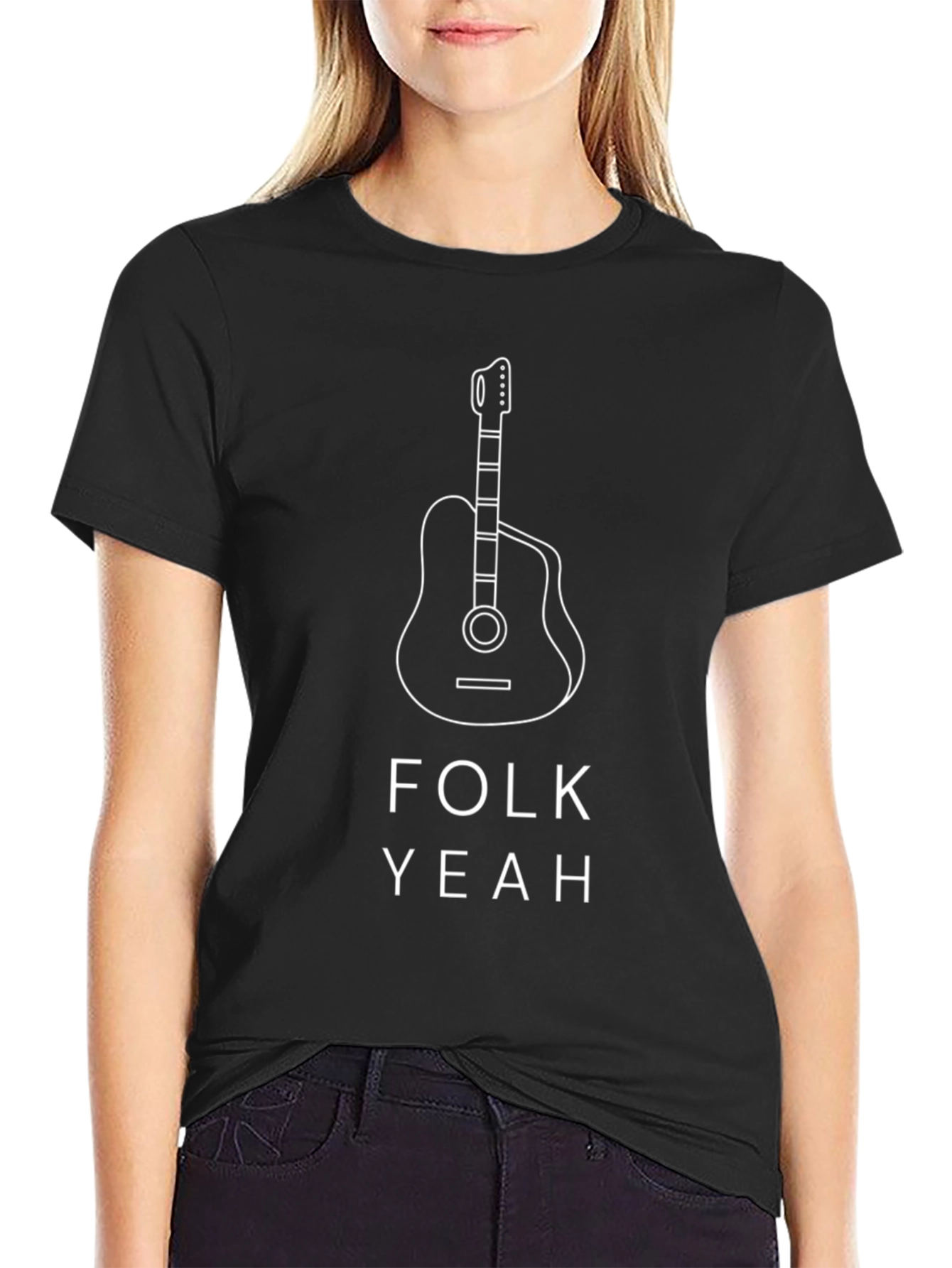 Black Folk Yeah Guitar Graphic Tee - Soft Black Cotton Shirt view 2