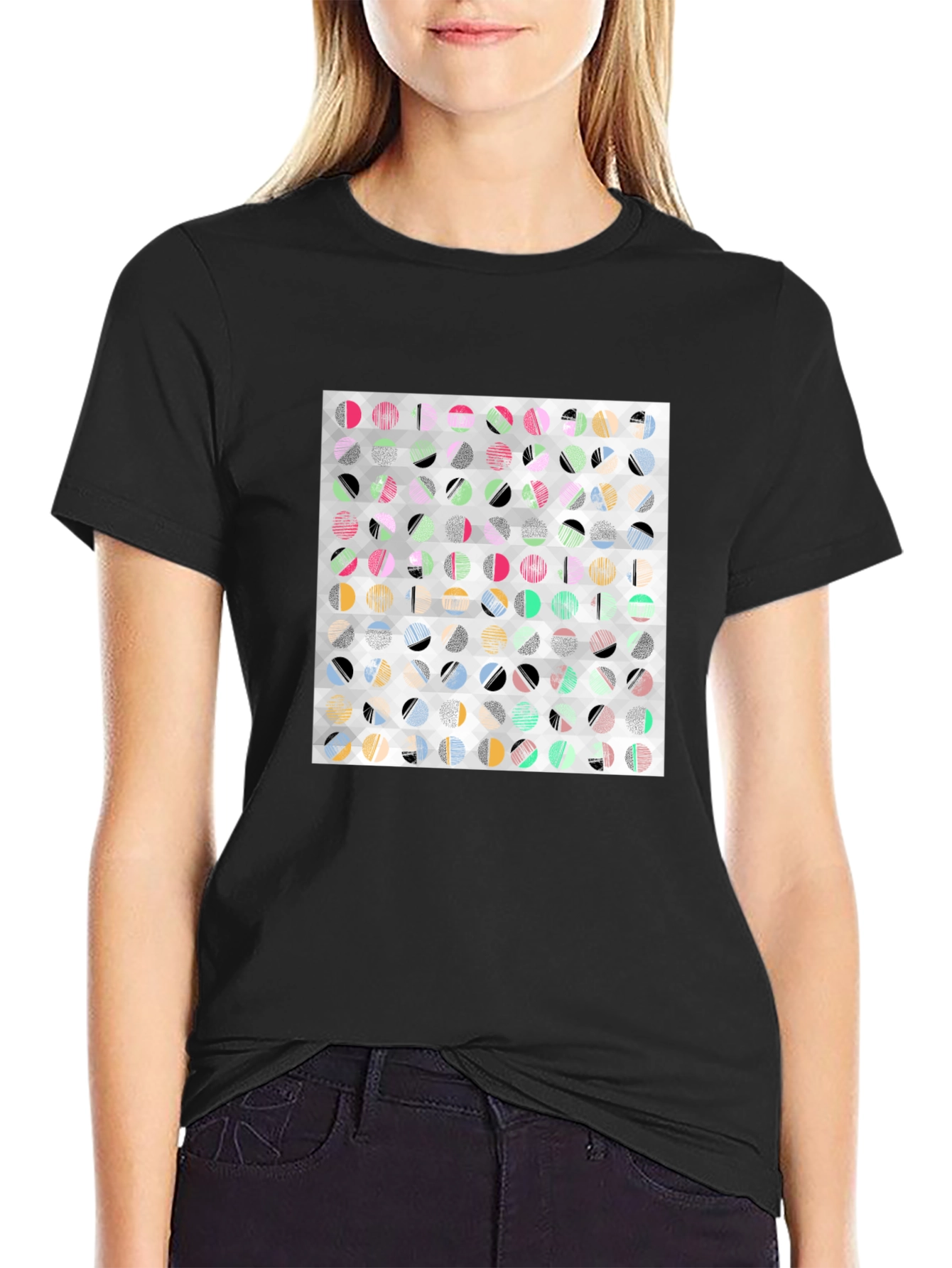 Black Abstract Geometric Print Black T-Shirt view 2