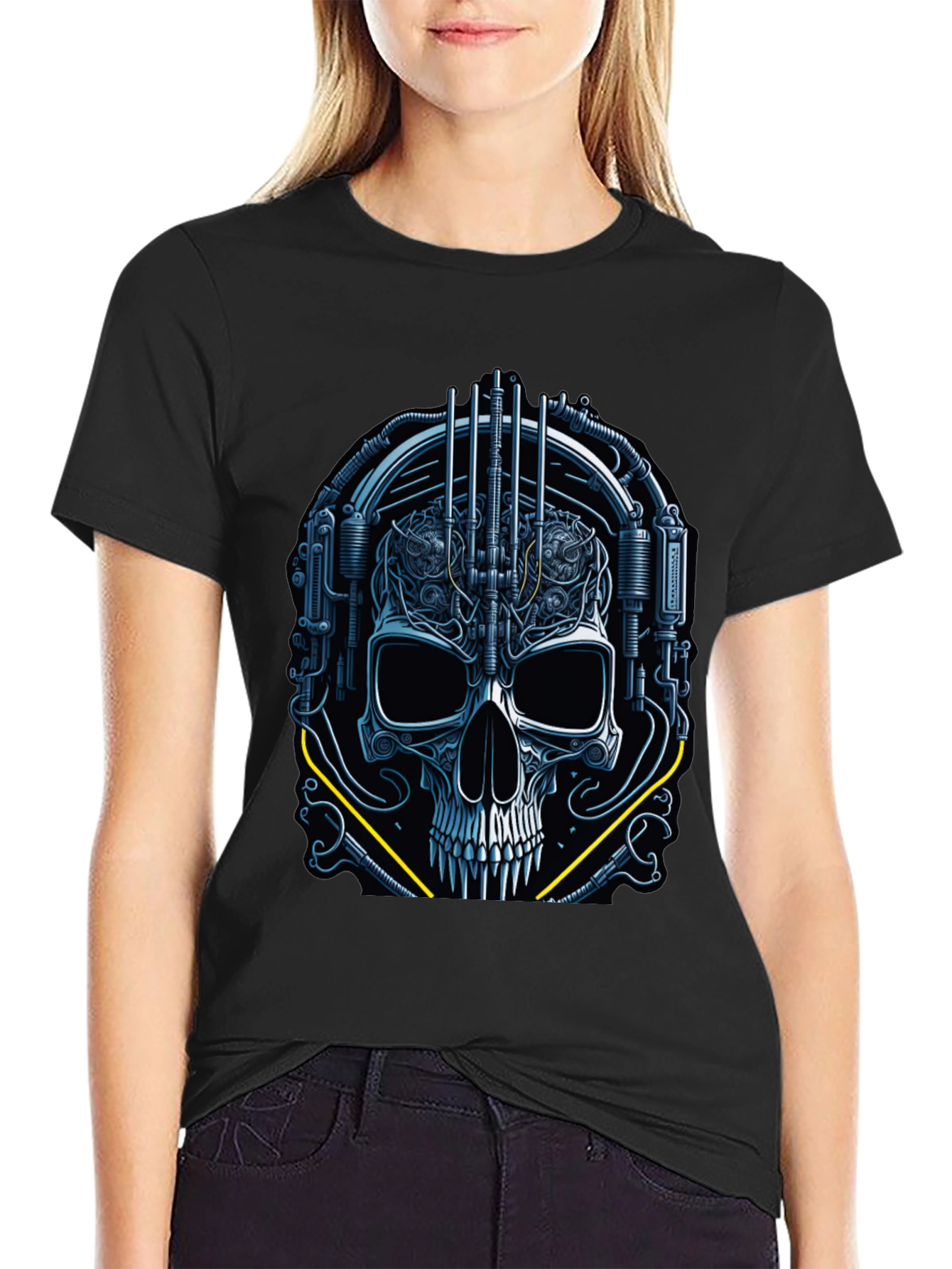 Black Cyberpunk Skull Graphic Tee - Dark Future Style view 2