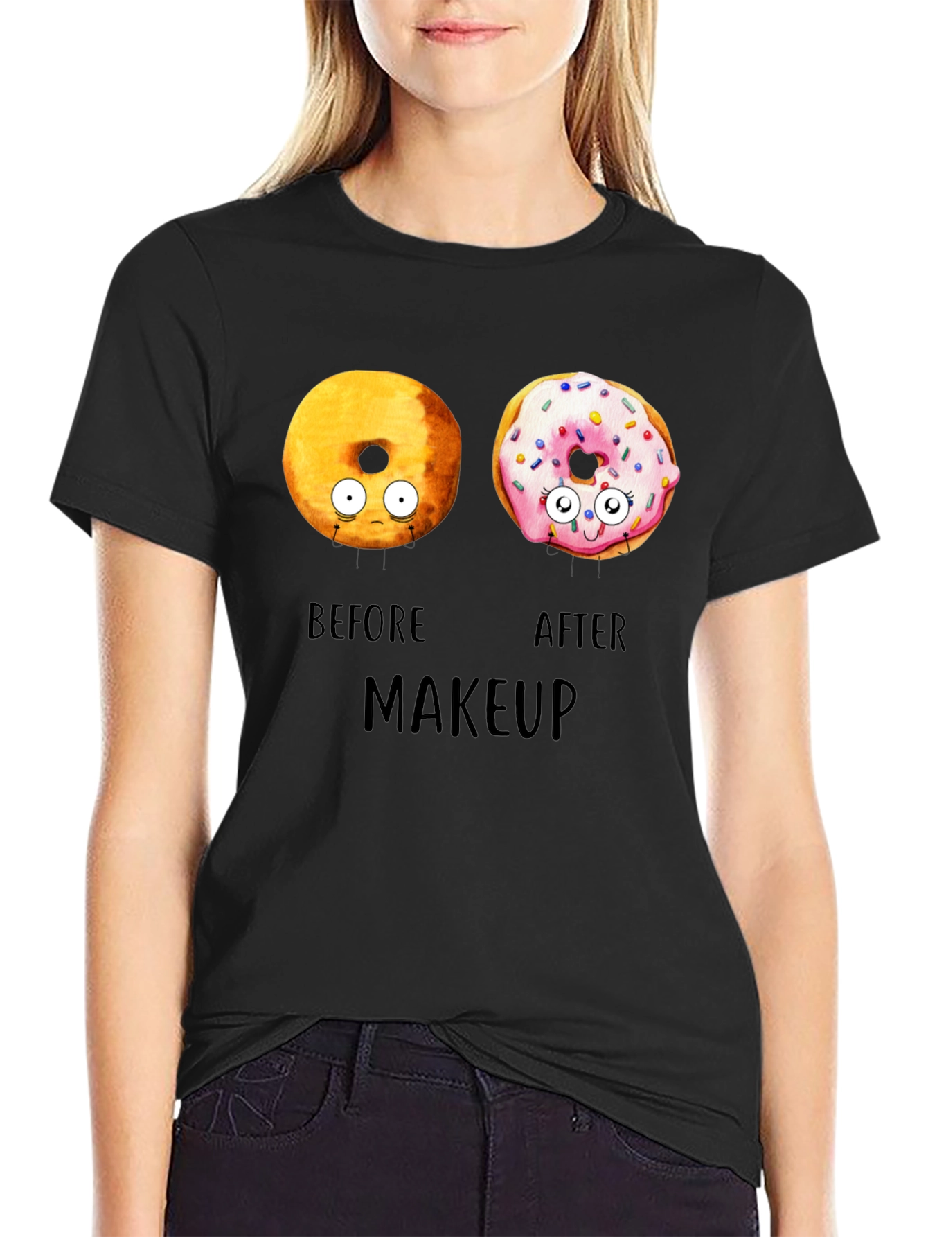 Black Donut Before & After Makeup T-Shirt - Funny Tee view 2