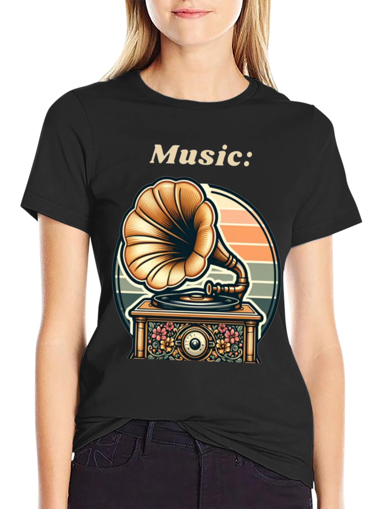 Black Vintage Music Lover T-Shirt - Gramophone Design view 2