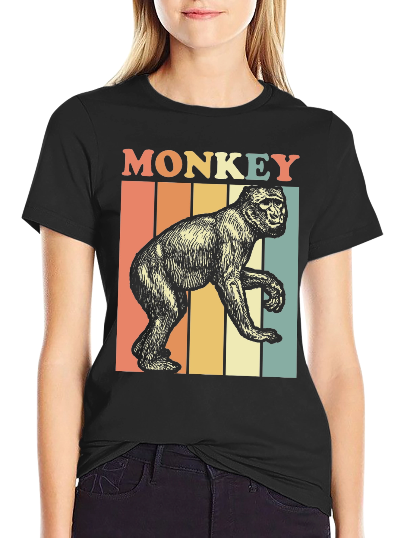 Black Retro Monkey Graphic T-Shirt view 2
