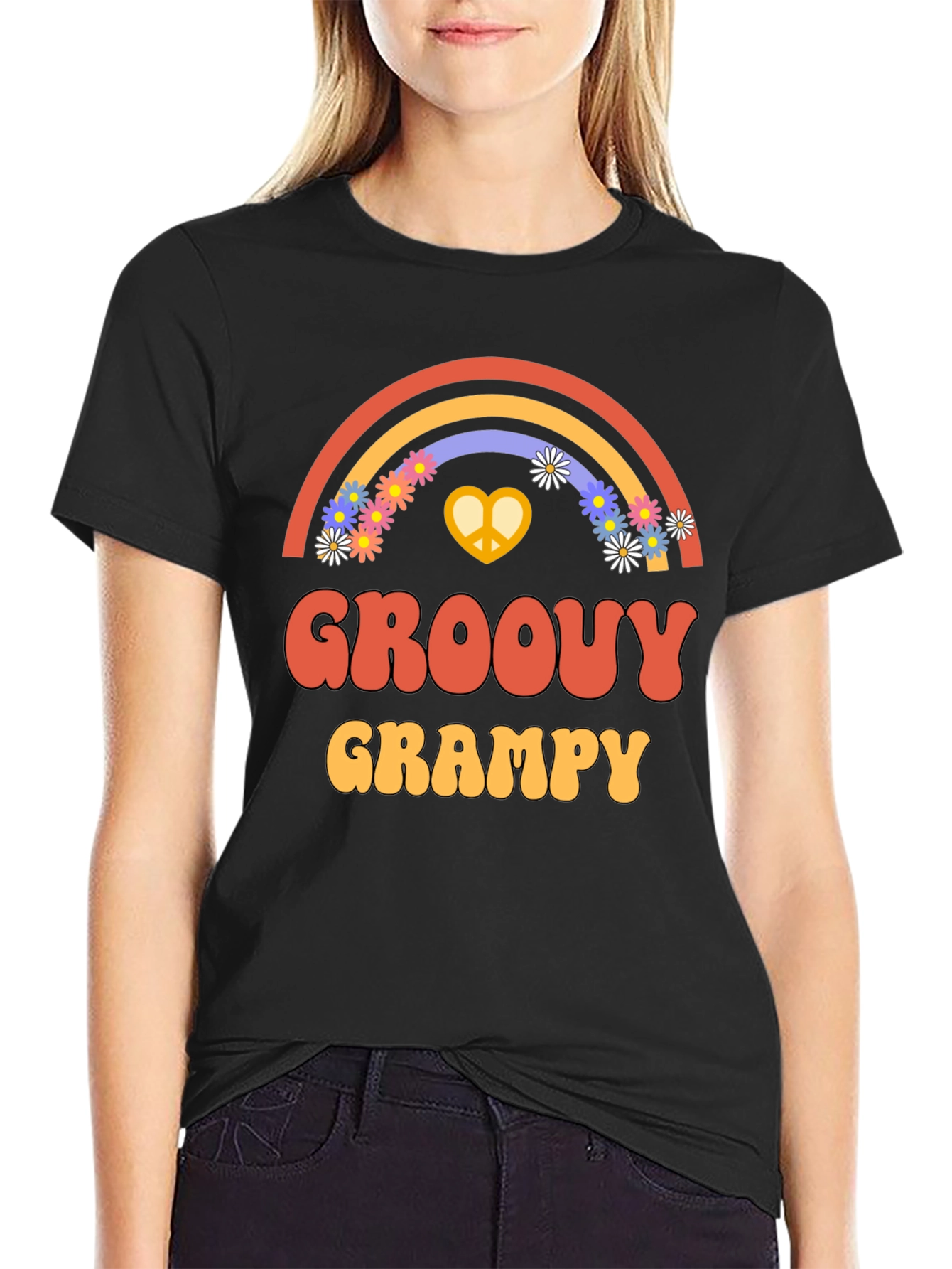 Black Groovy Grampy T-Shirt - Retro Rainbow Design view 2
