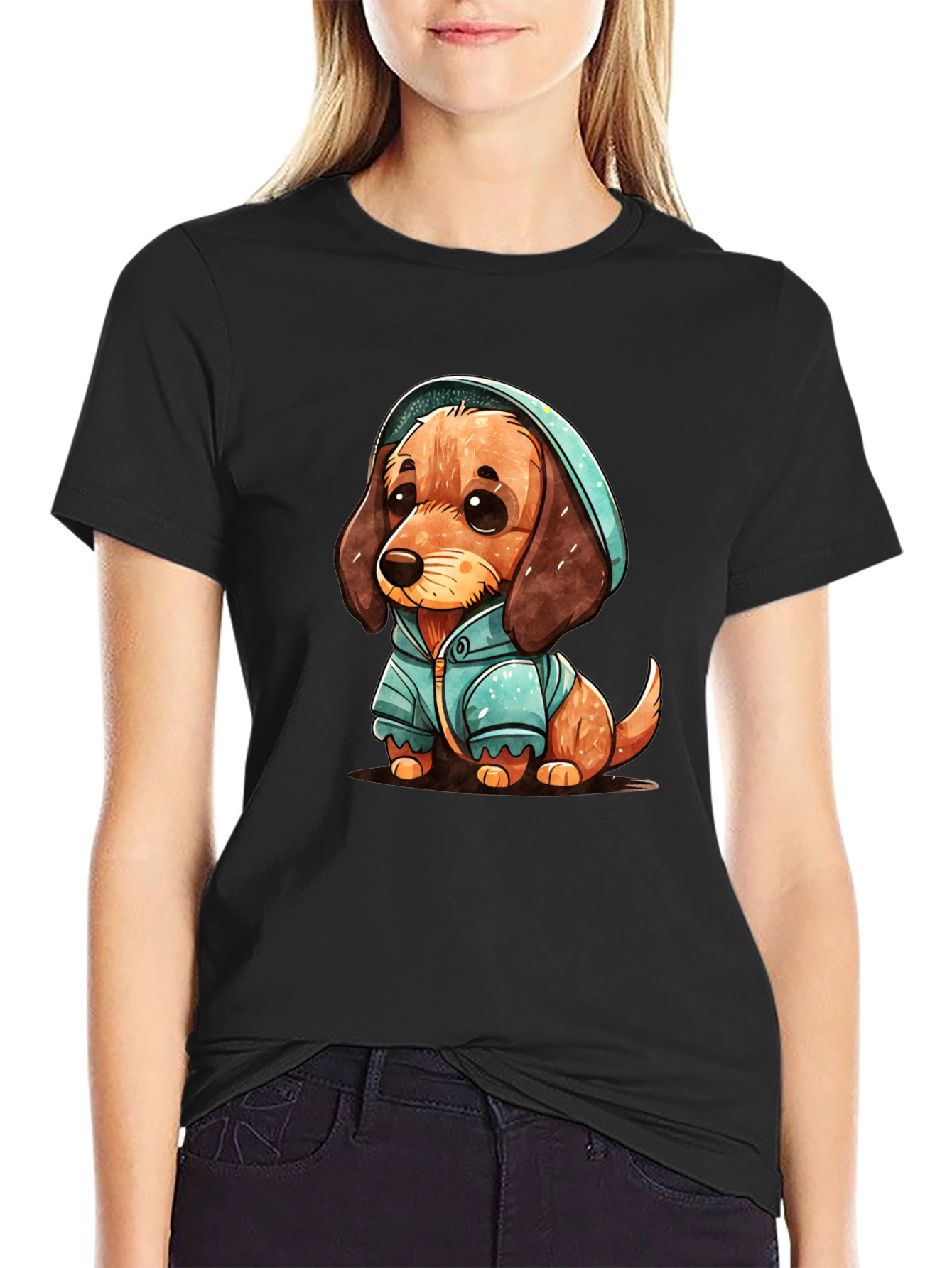 Black Cute Dachshund Puppy in Hoodie T-Shirt view 2