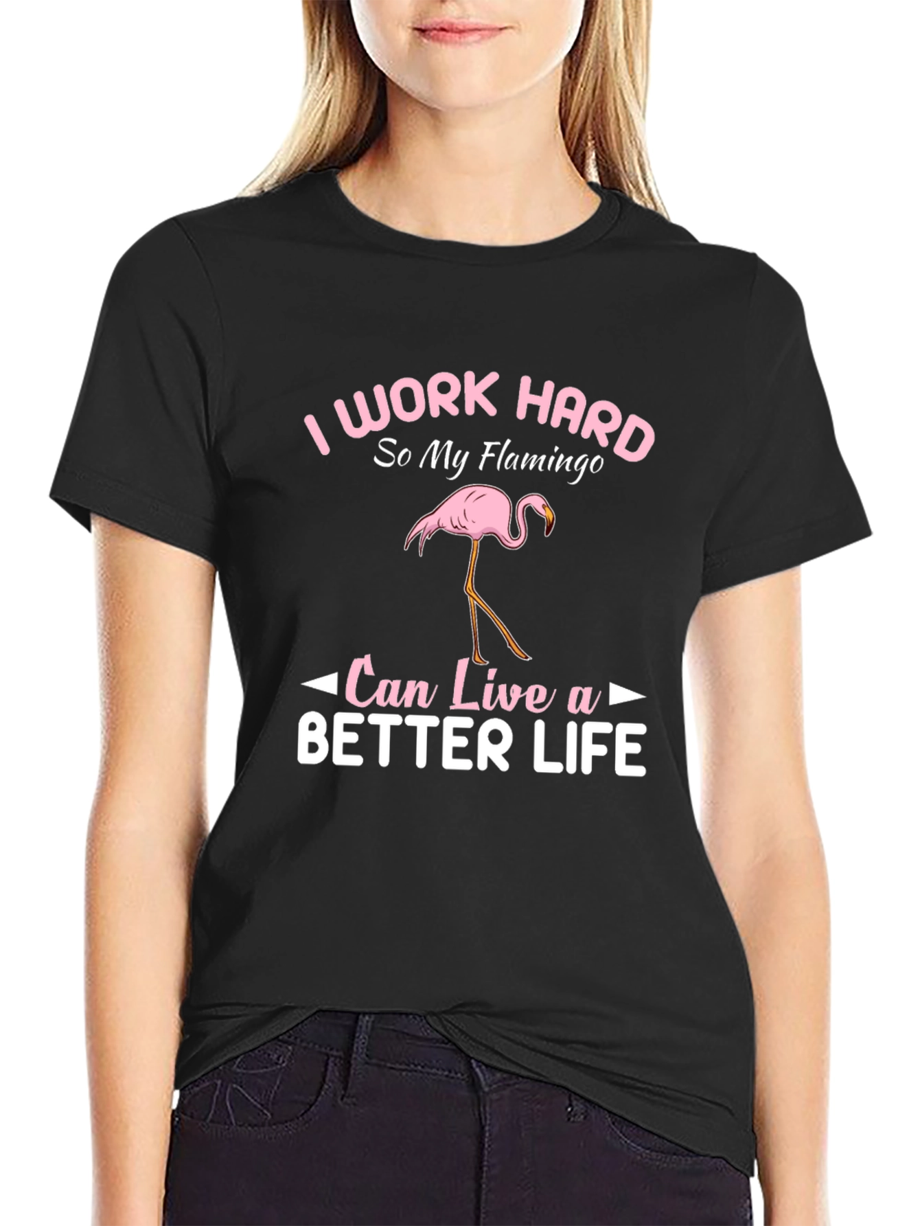 Black I Work Hard Flamingo Graphic T-Shirt view 2