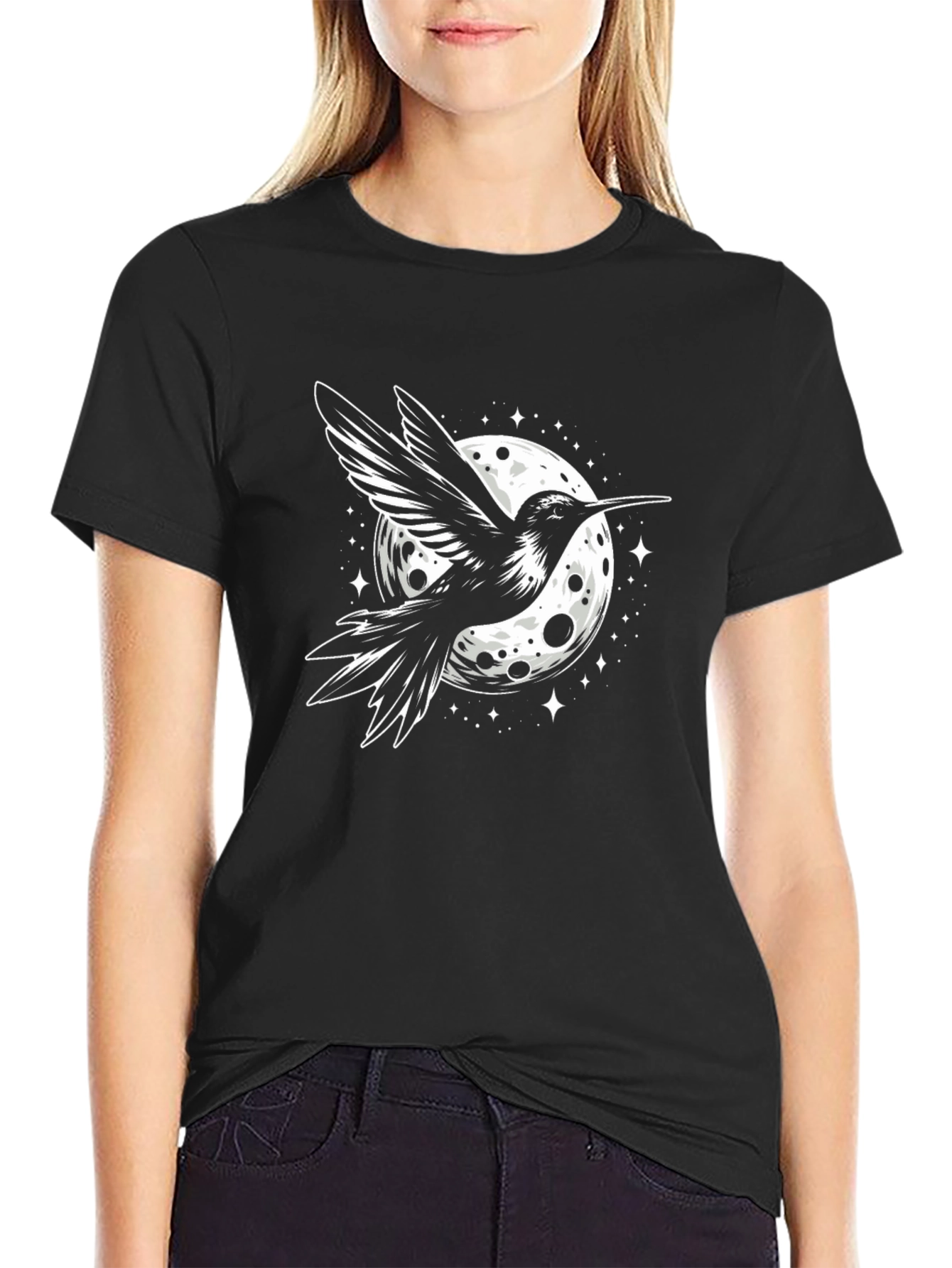 Black Hummingbird Moon Graphic Tee - Black Cotton T-Shirt view 2