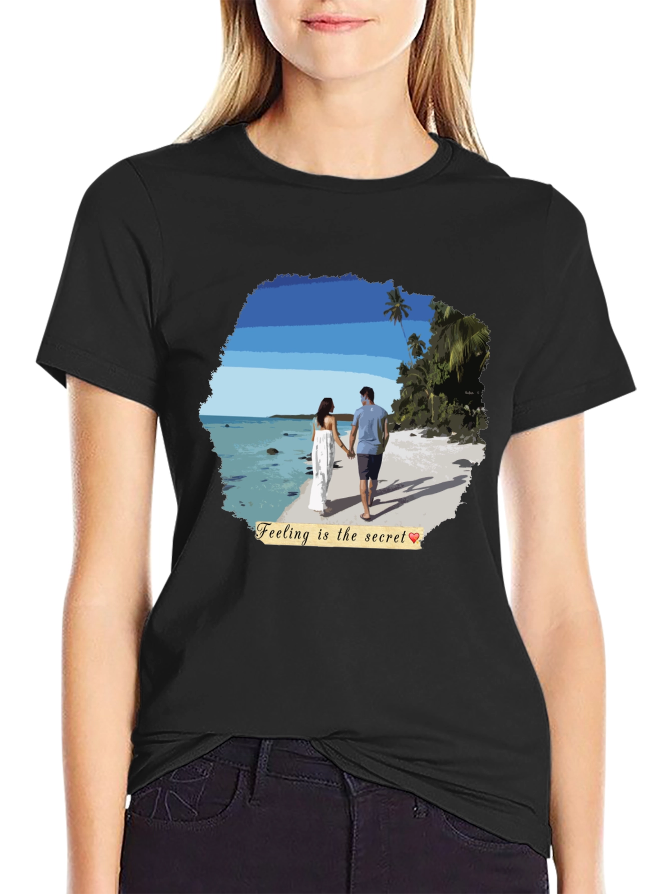 Black Beach Couple T-Shirt: Feeling Is The Secret view 2