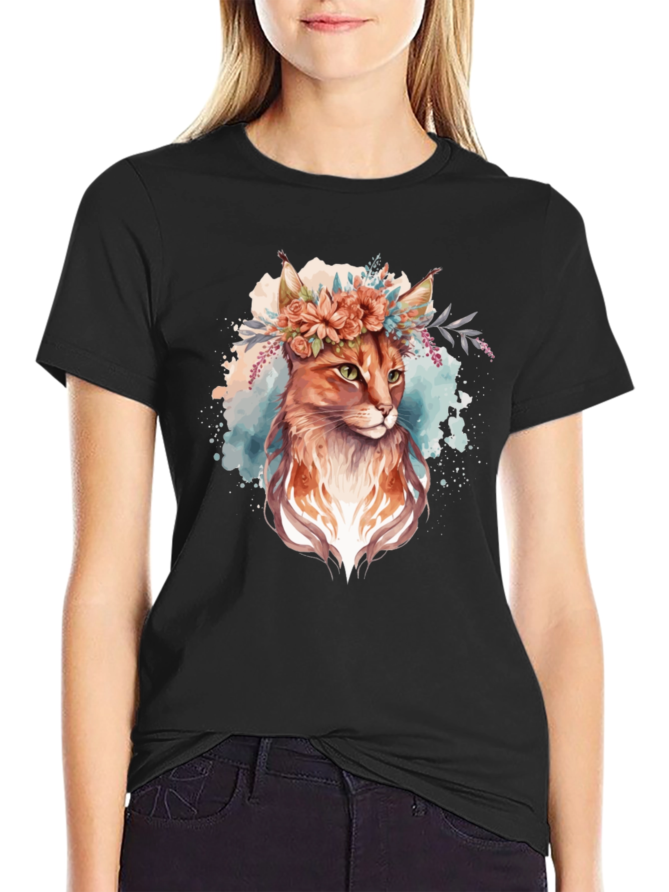 Black Floral Crown Cat T-Shirt - Unique Graphic Tee view 2