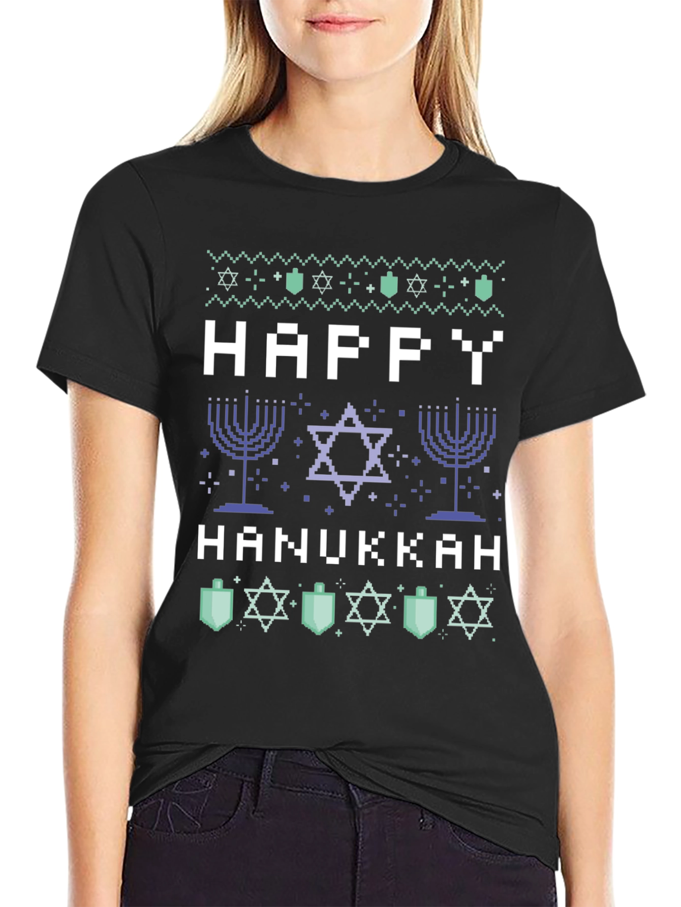 Black Happy Hanukkah Pixel Art Holiday T-Shirt view 2
