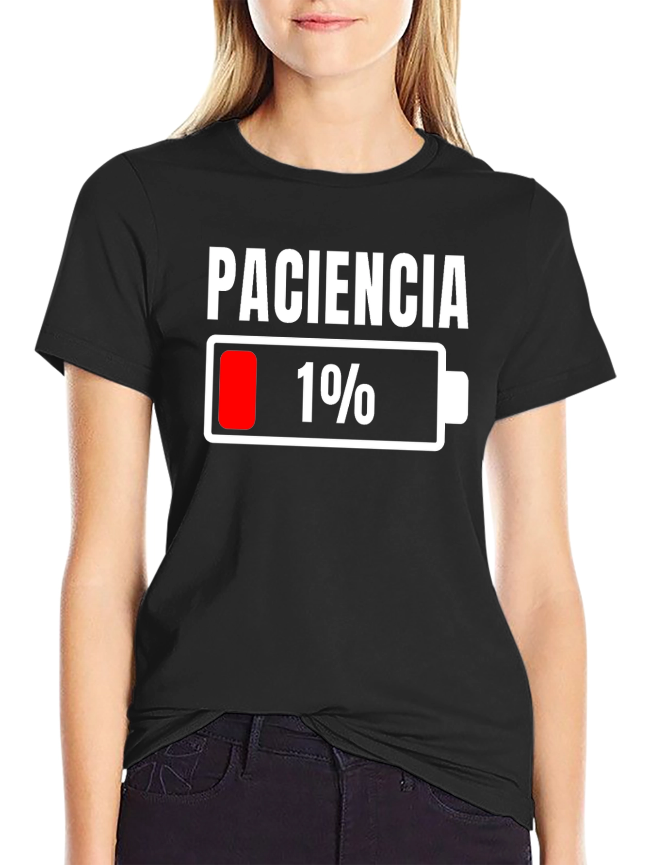Black Paciencia 1% Low Battery Funny T-Shirt view 2
