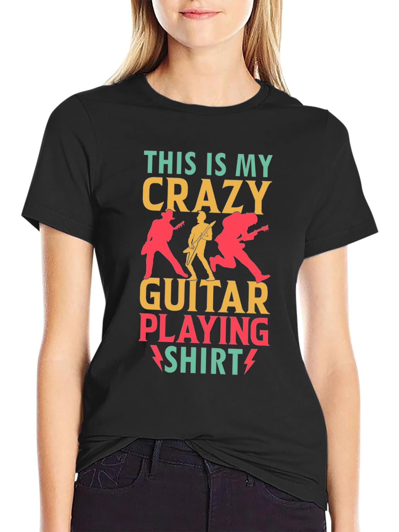 Black Crazy Guitar Playing Shirt - Rock Concert T-Shirt view 2