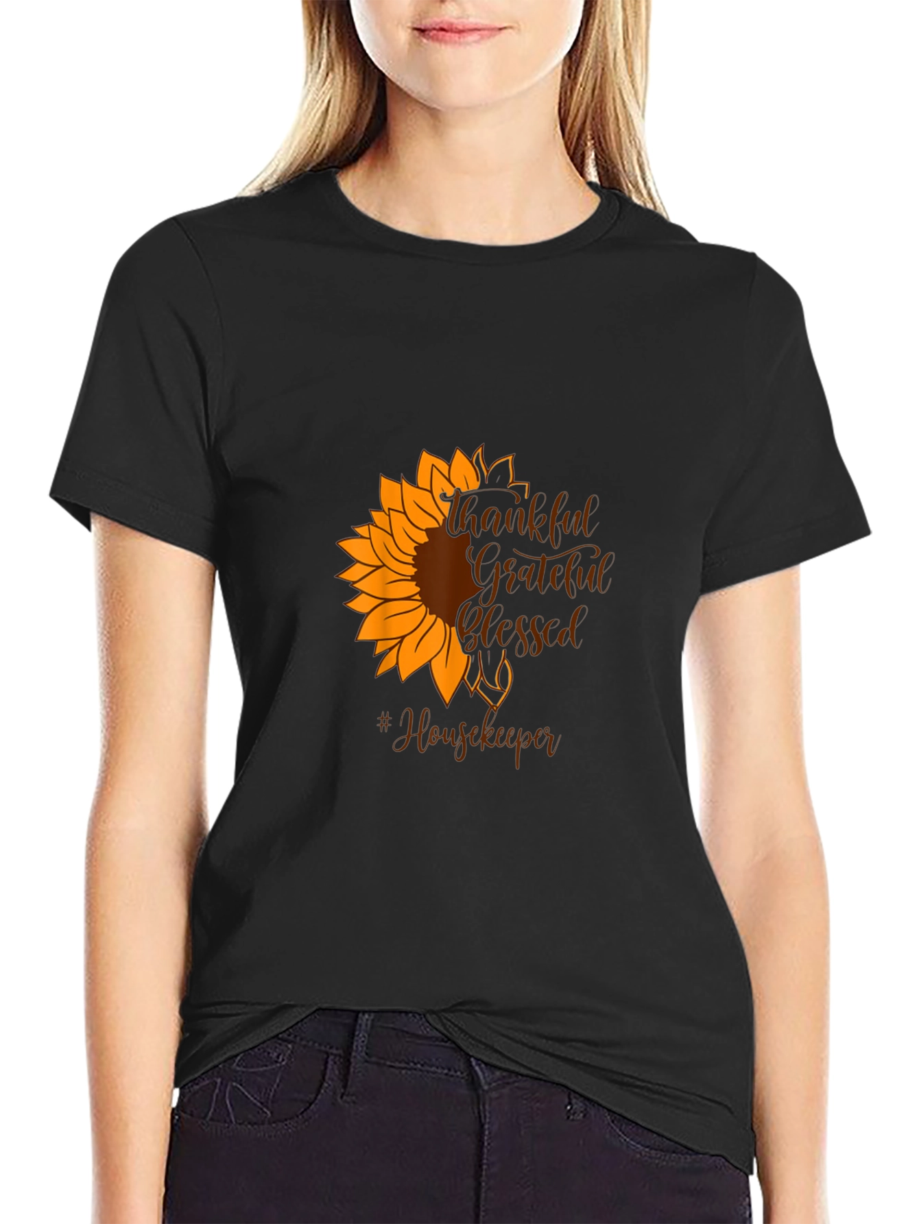 Black Thankful Grateful Blessed Housekeeper Sunflower T-Shirt view 2