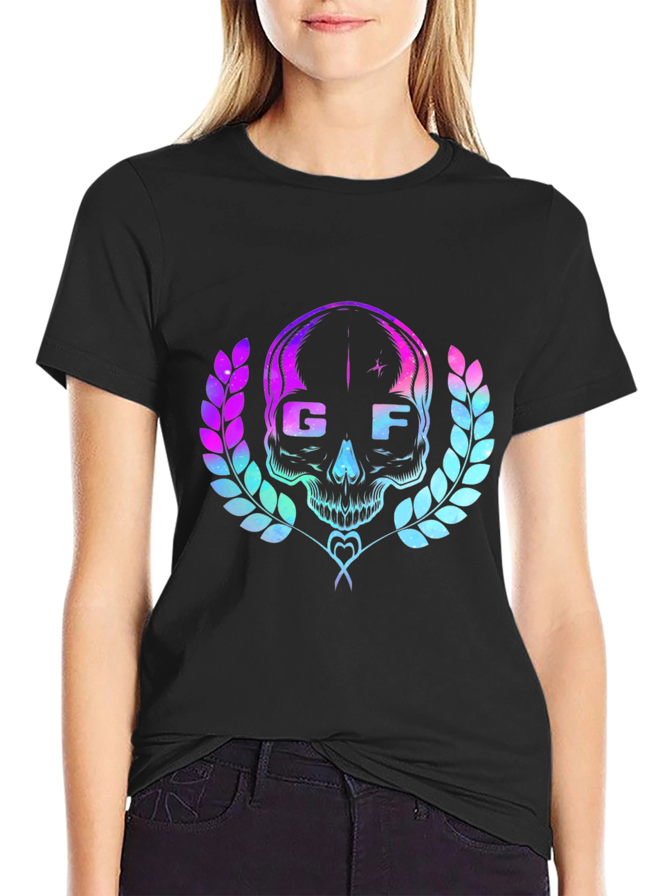 Black GF Skull Graphic Tee - Cool Retro Design view 2